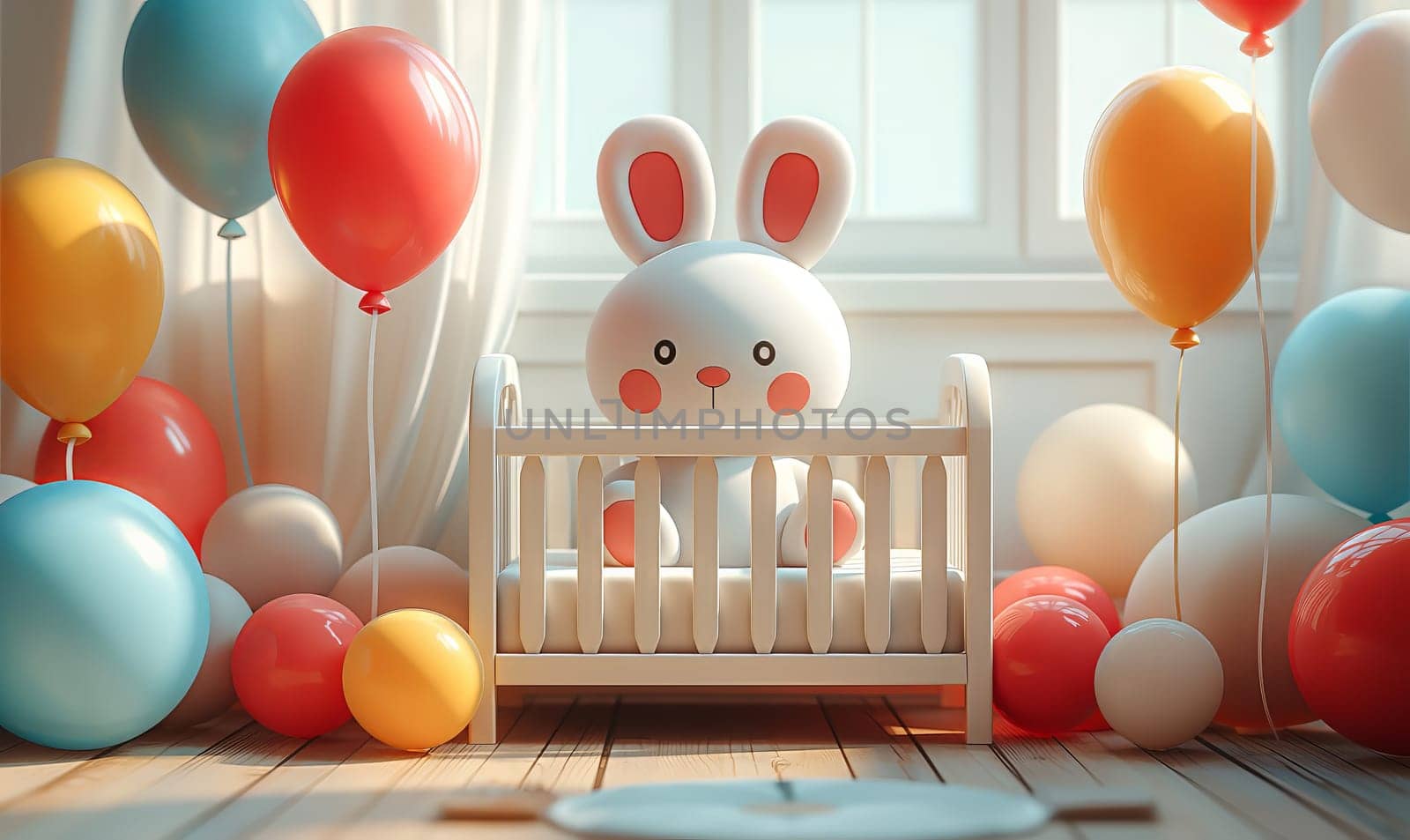 Greeting card, baby crib and congratulation balloons. Selective soft focus.