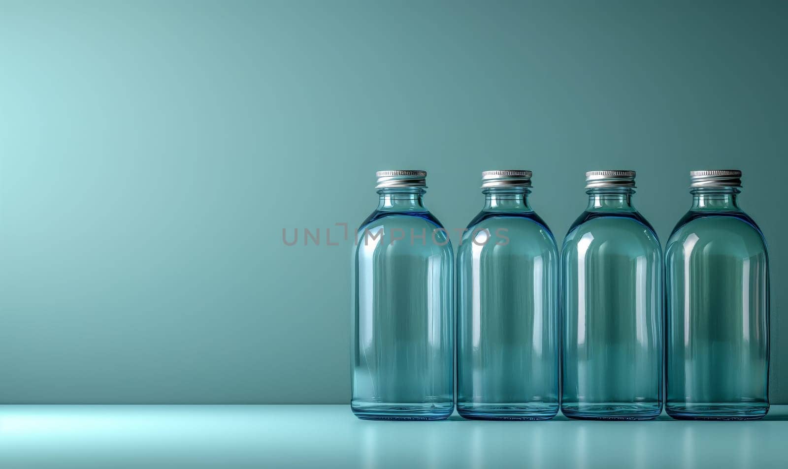 Empty transparent bottles with caps on a blue background. Selective soft focus.