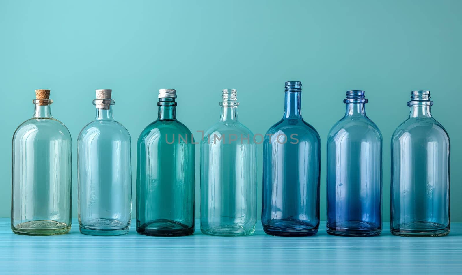 Empty transparent bottles with caps on a blue background. Selective soft focus.