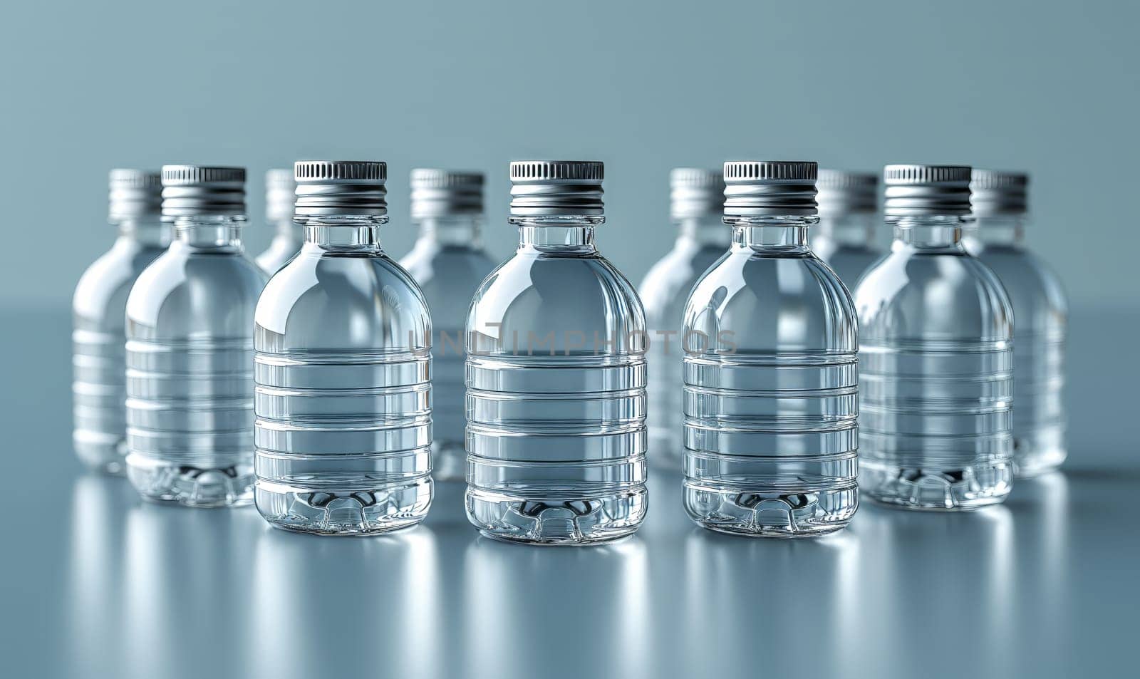 Empty transparent bottles with caps on a blue background. Selective soft focus.