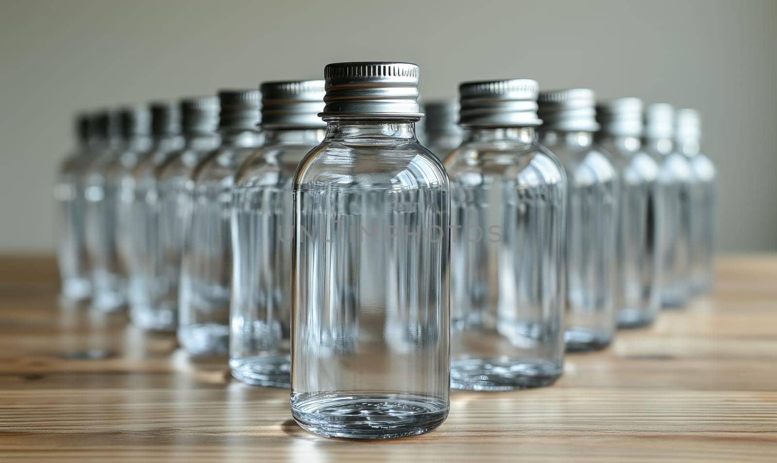 Empty transparent bottles with caps on a light background. by Fischeron