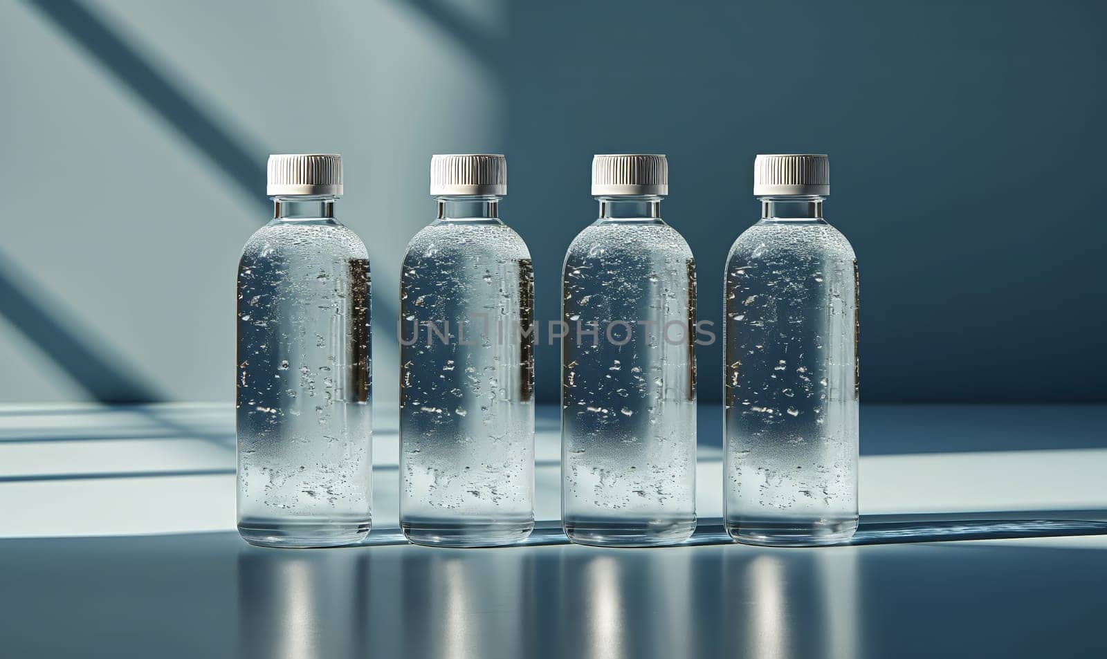 Empty transparent bottles with caps on a blue background. Selective soft focus.