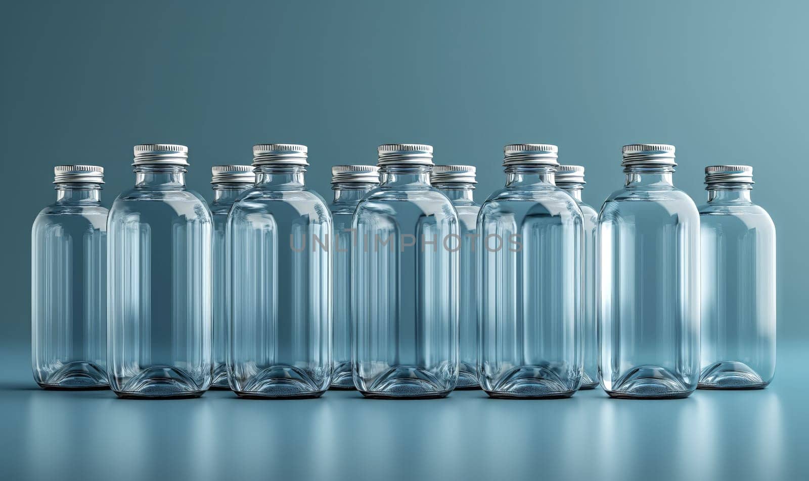 Empty transparent bottles with caps on a blue background. Selective soft focus.