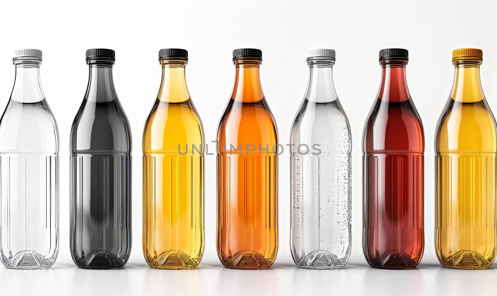 Empty transparent bottles with caps on a light background. Selective soft focus.