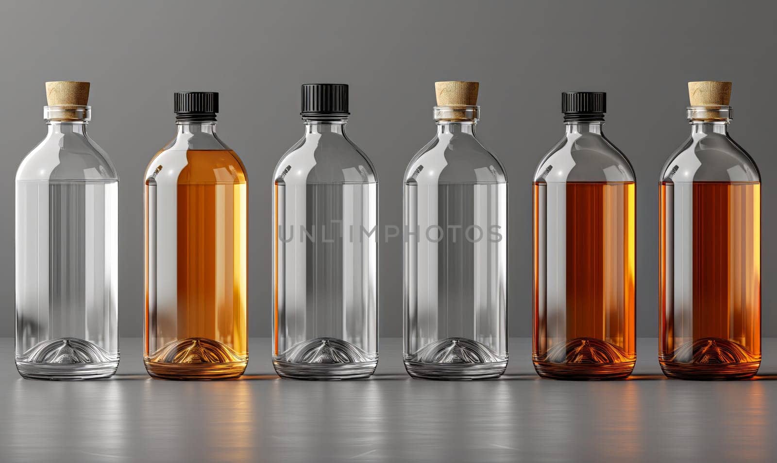 Empty transparent bottles with caps on a light background. Selective soft focus.