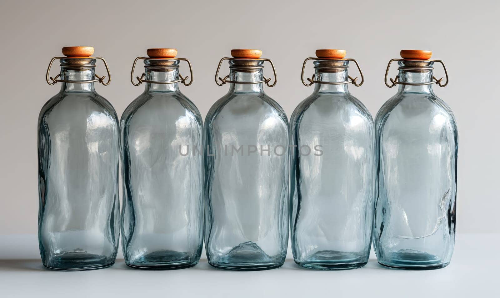 Empty transparent bottles with caps on a light background. Selective soft focus.