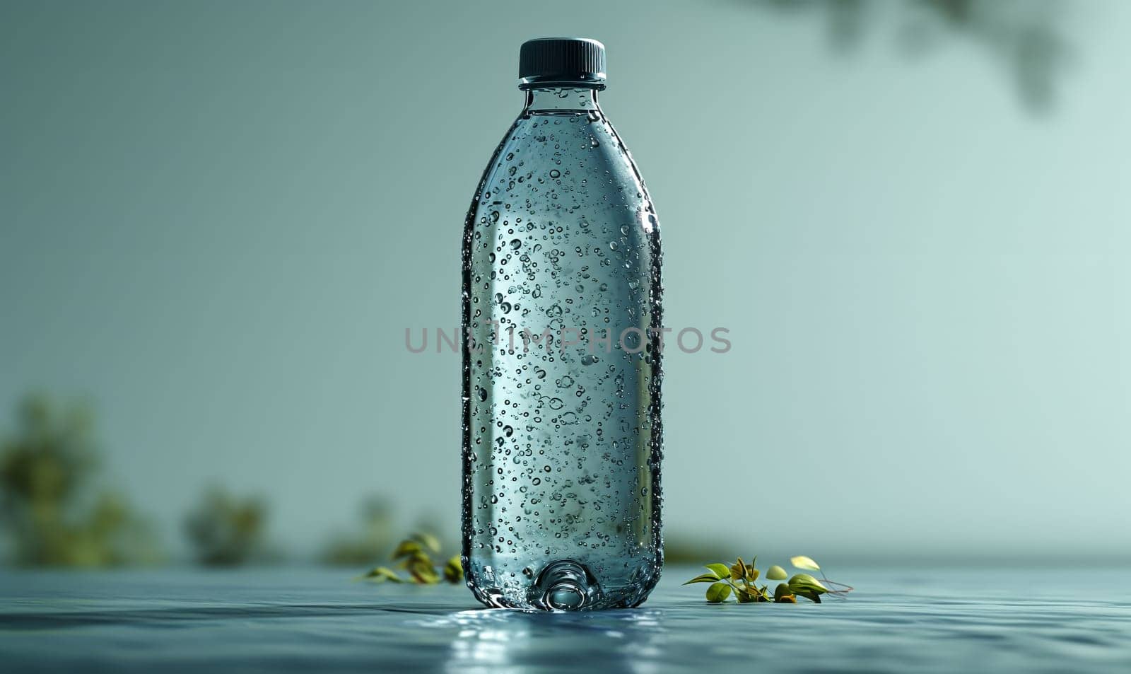 Transparent bottle with a cap on a light background. Selective soft focus.