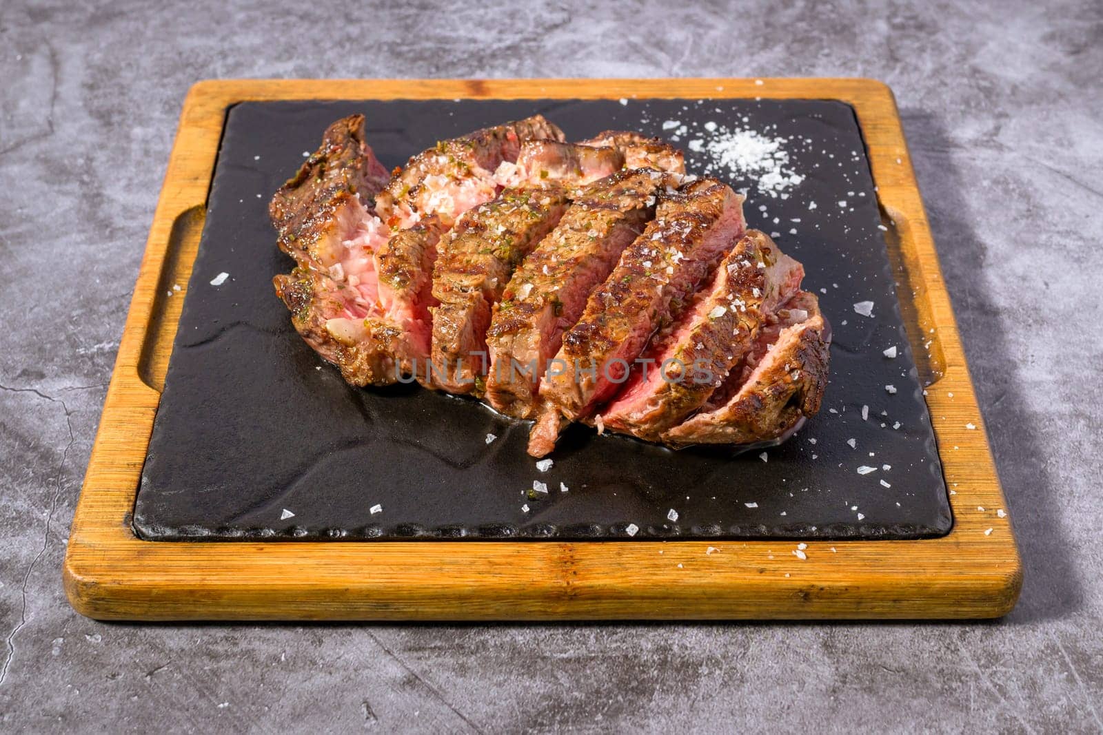 Closeup grilled Argentine beef chorizo bife top view
