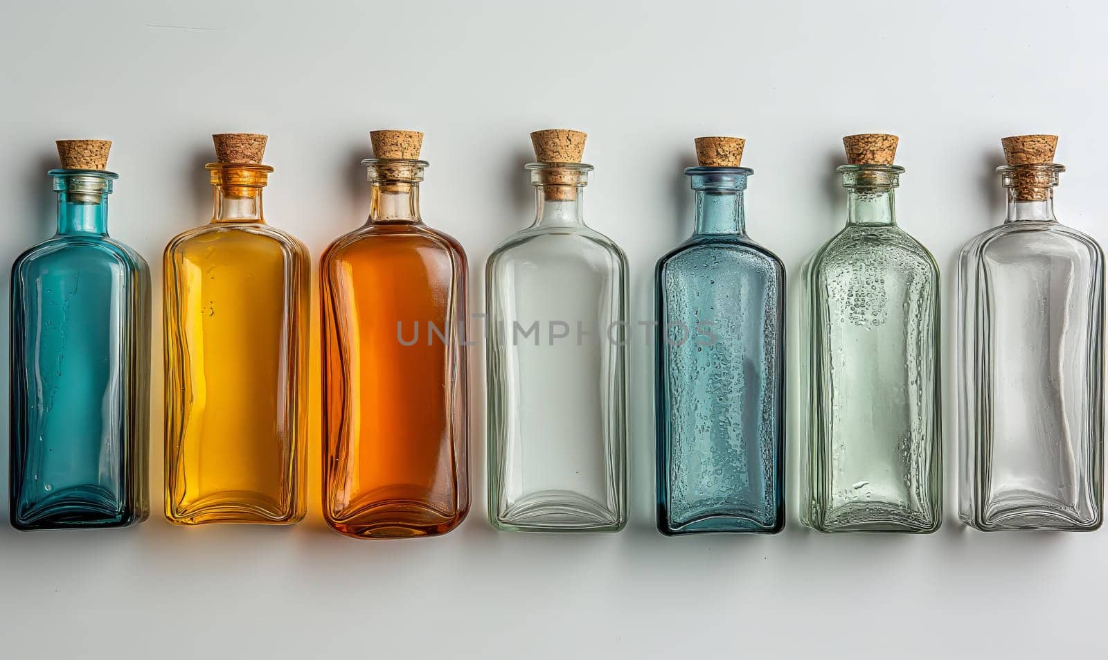 Empty transparent bottles with caps on a light background. Selective soft focus.