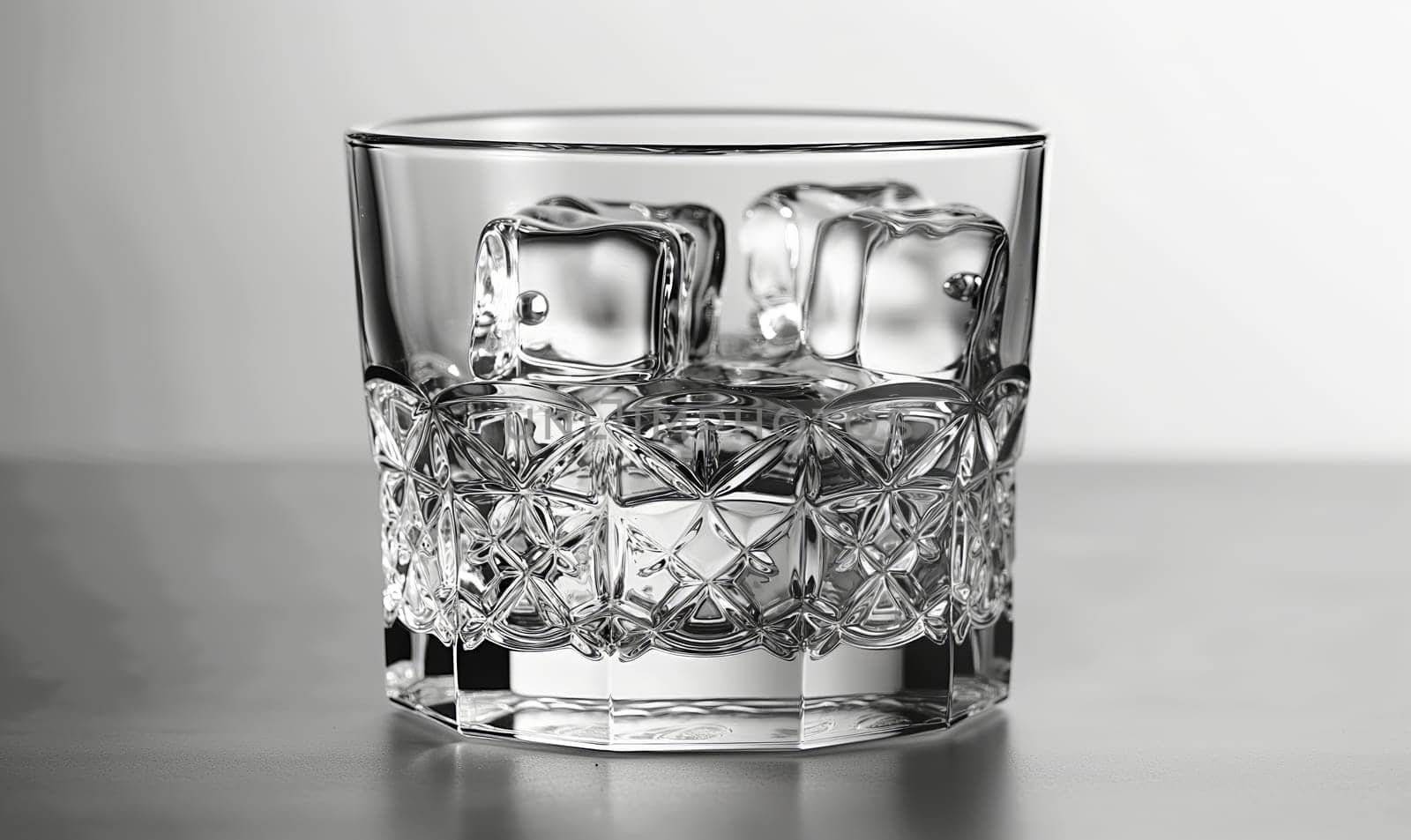 Transparent glass with clear drink and ice cubes. Selective soft focus.