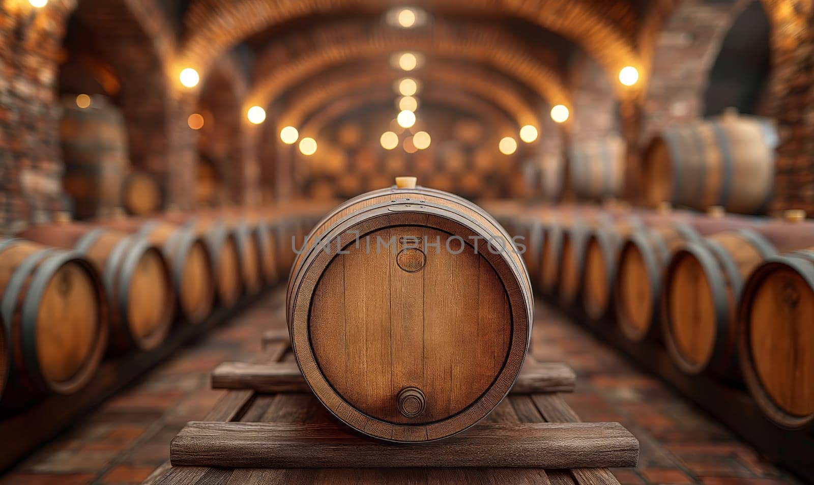 Large barrels in the cellar of the winery. Selective soft focus.