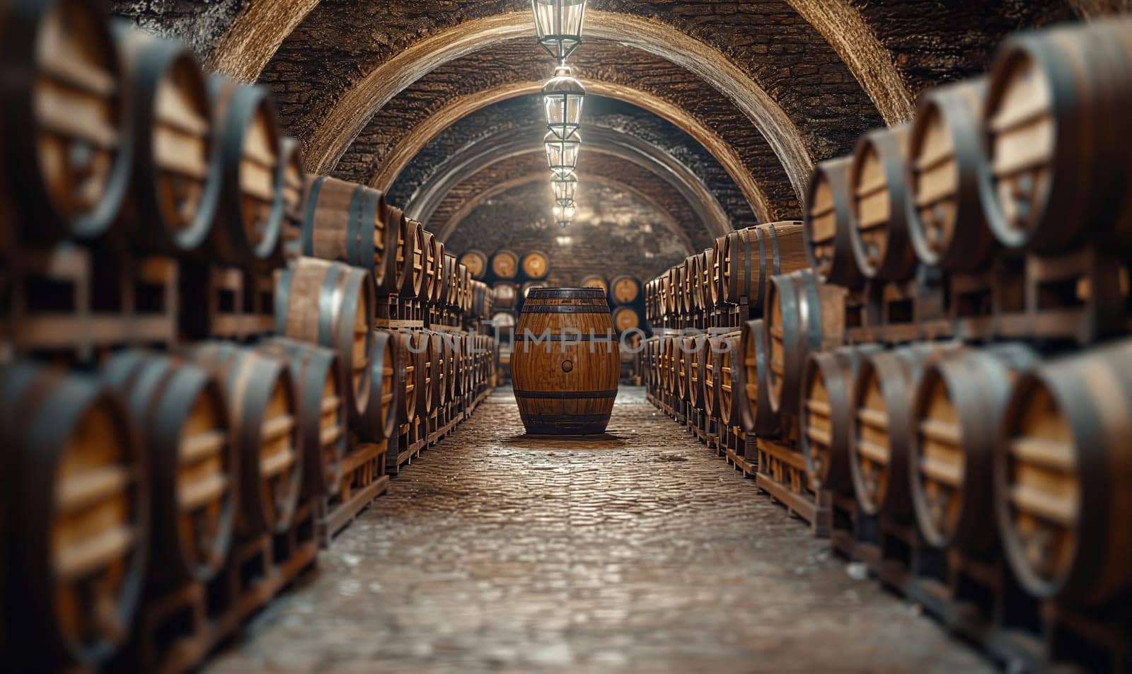 Large barrels in the cellar of the winery. Selective soft focus.