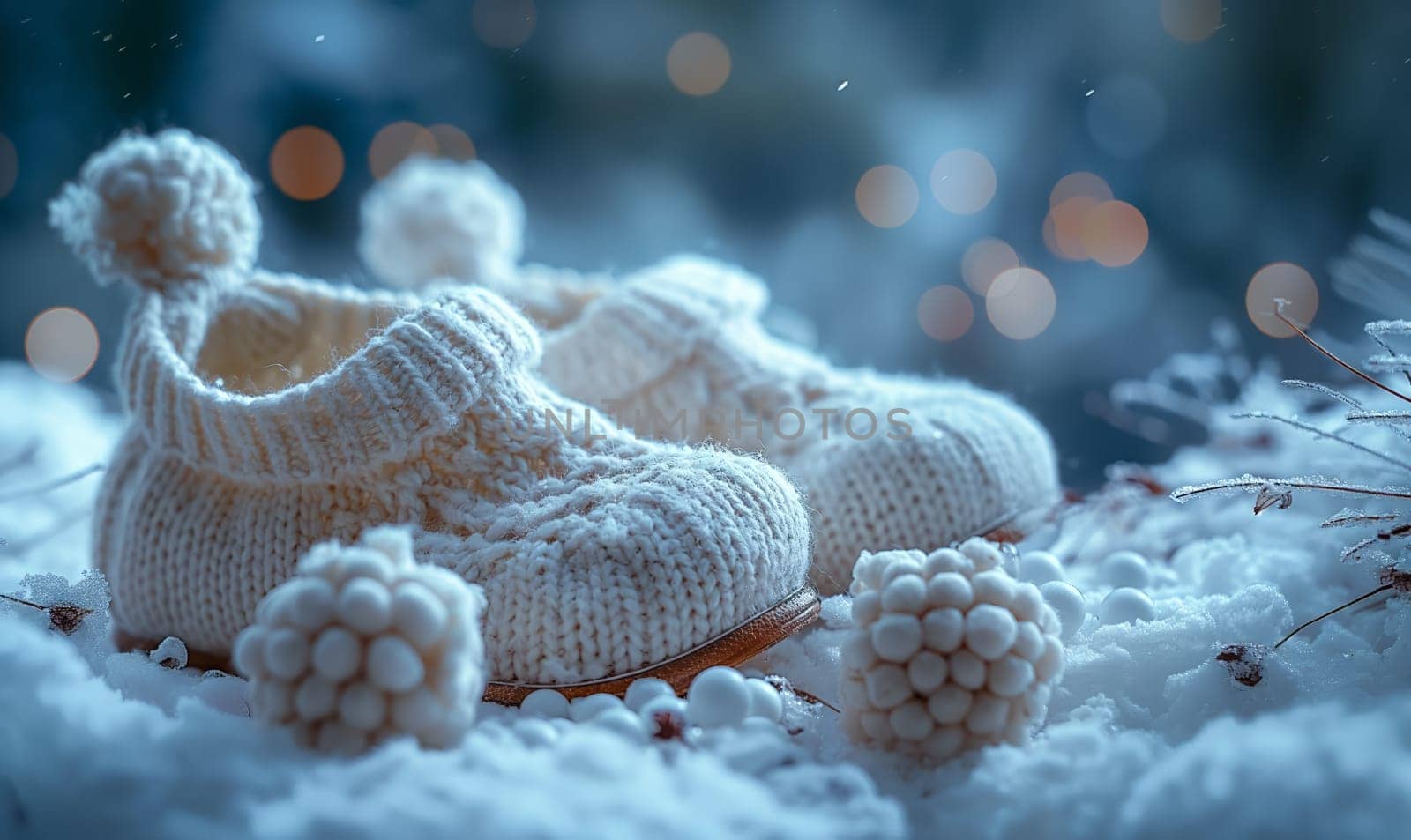 Baby knitted booties on a blurred winter background. Selective soft focus.