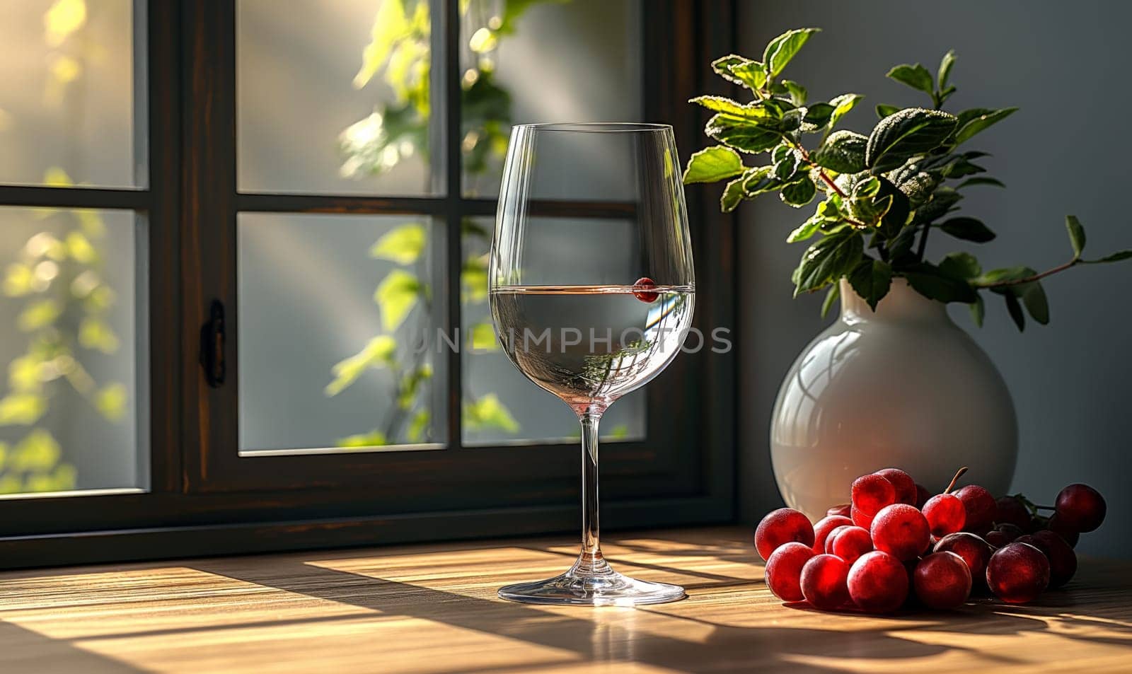 Transparent glass with a transparent drink on the table. by Fischeron