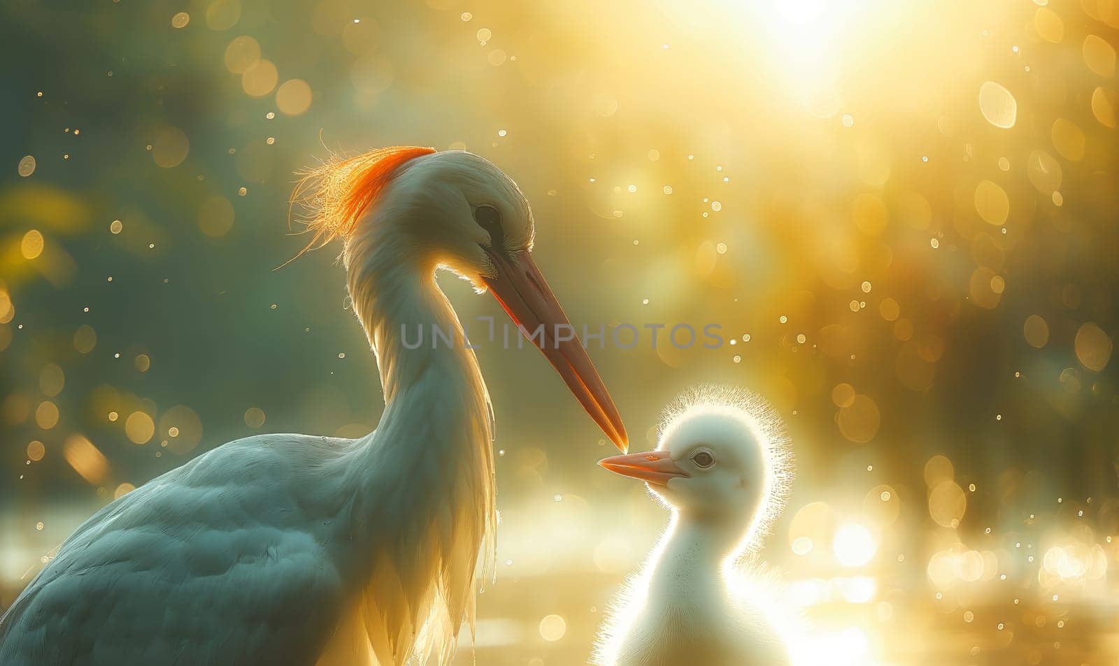 Stork with chick on a blurred background. Selective soft focus.