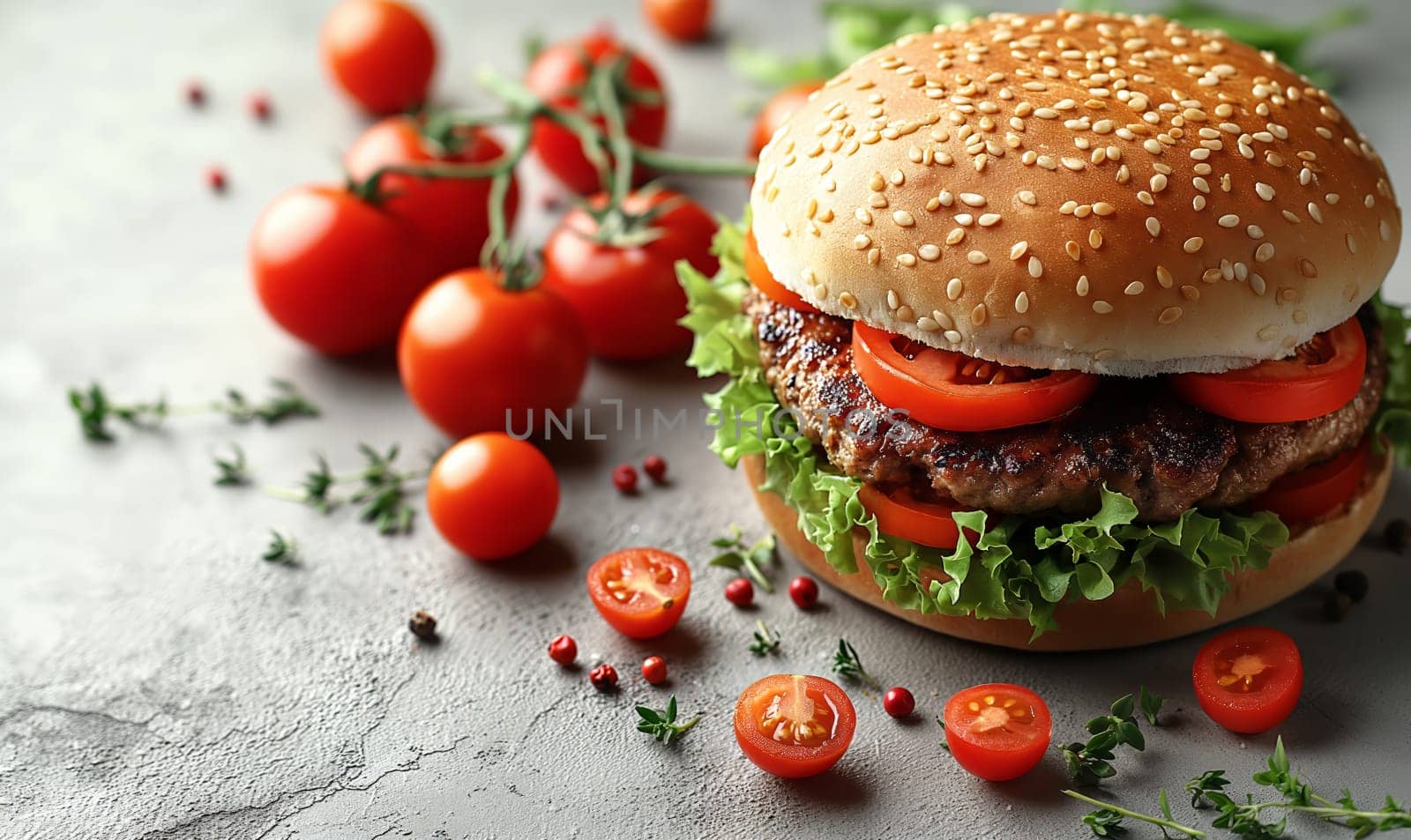 Juicy and tasty burger on a blurred background. Selective soft focus
