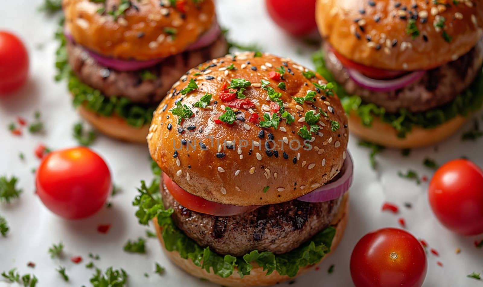 Juicy and tasty burger on a blurred background. by Fischeron