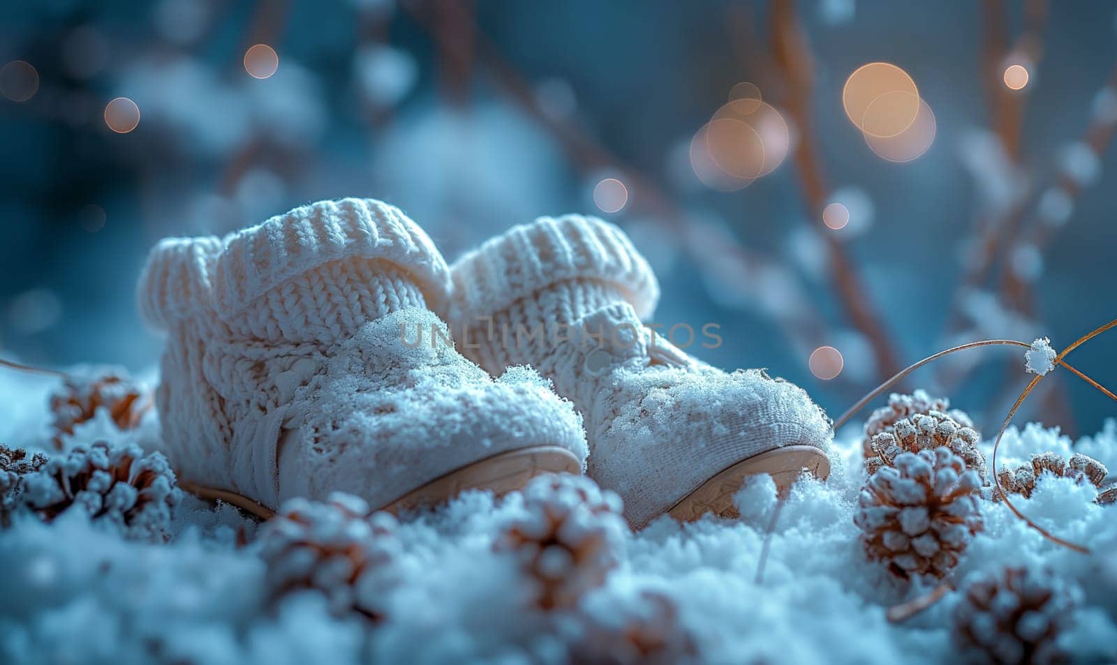 Baby knitted booties on a blurred winter background. Selective soft focus.