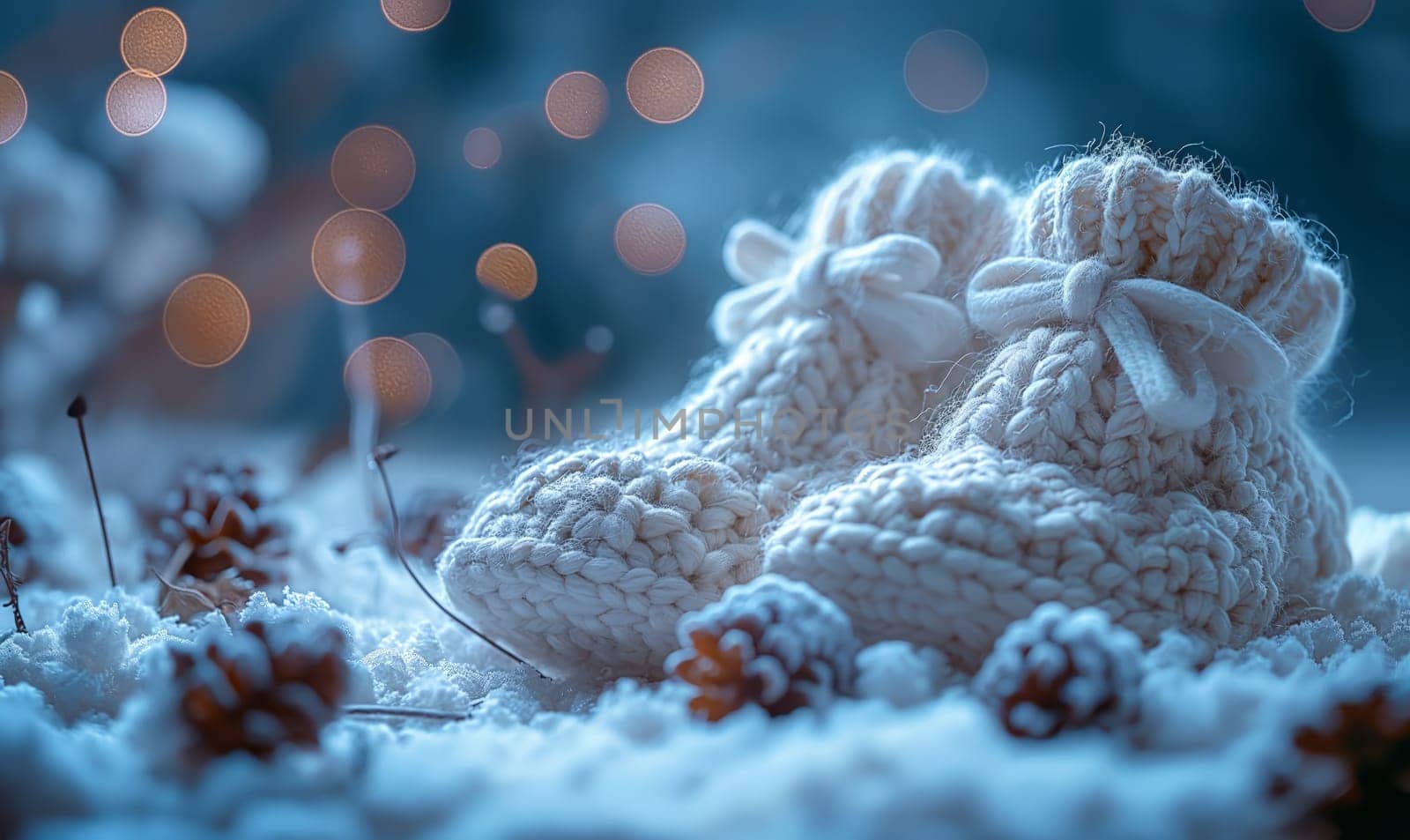 Baby knitted booties on a blurred winter background. by Fischeron