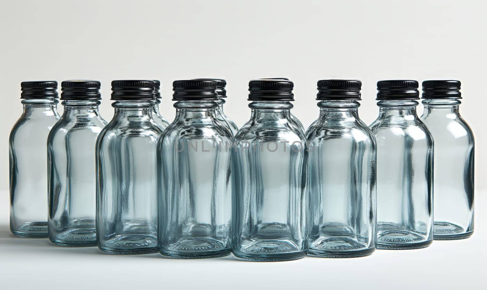 Empty transparent bottles with caps on a light background. Selective soft focus.