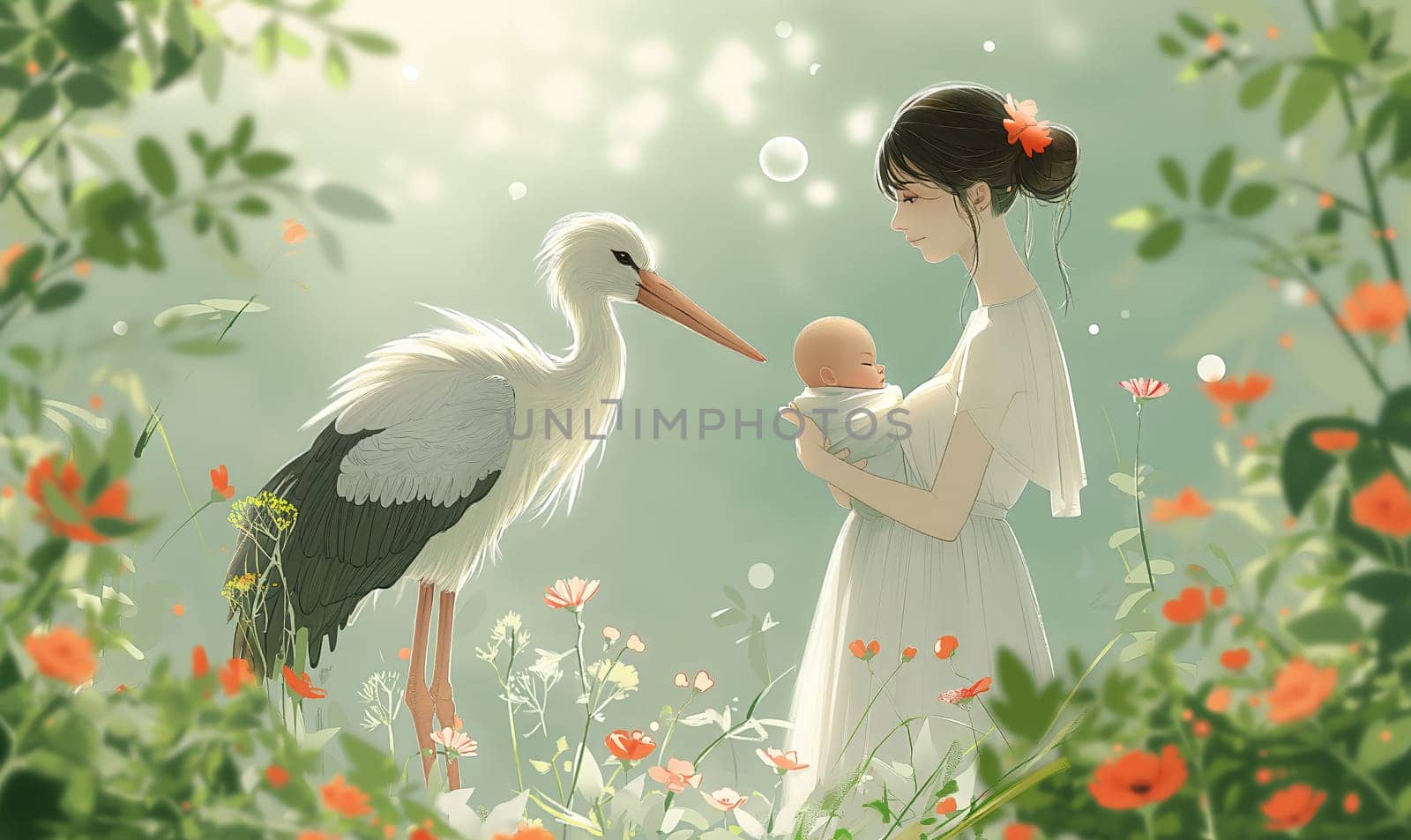 Illustration of a stork and a mother with a child in her arms. Selective soft focus.