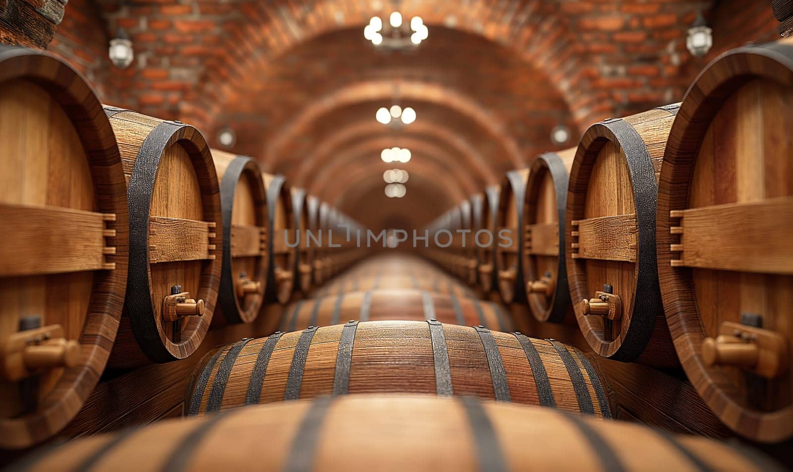 Large barrels in the cellar of the winery. Selective soft focus.