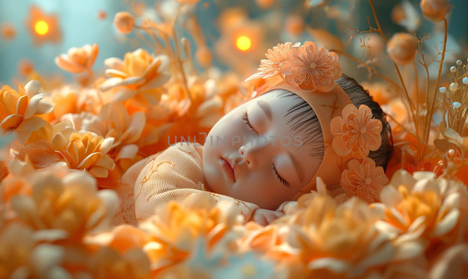 A small child sleeps in abstract colors. Selective soft focus.