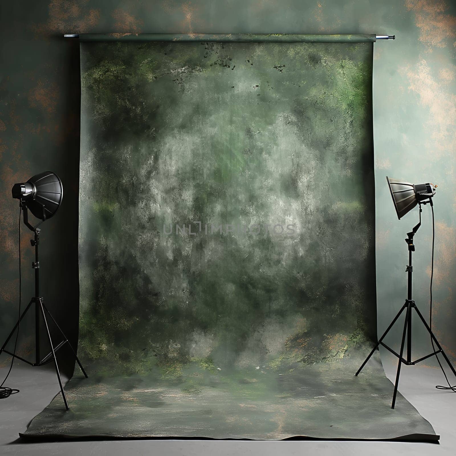 Photo studio with lamps and green background. by Fischeron