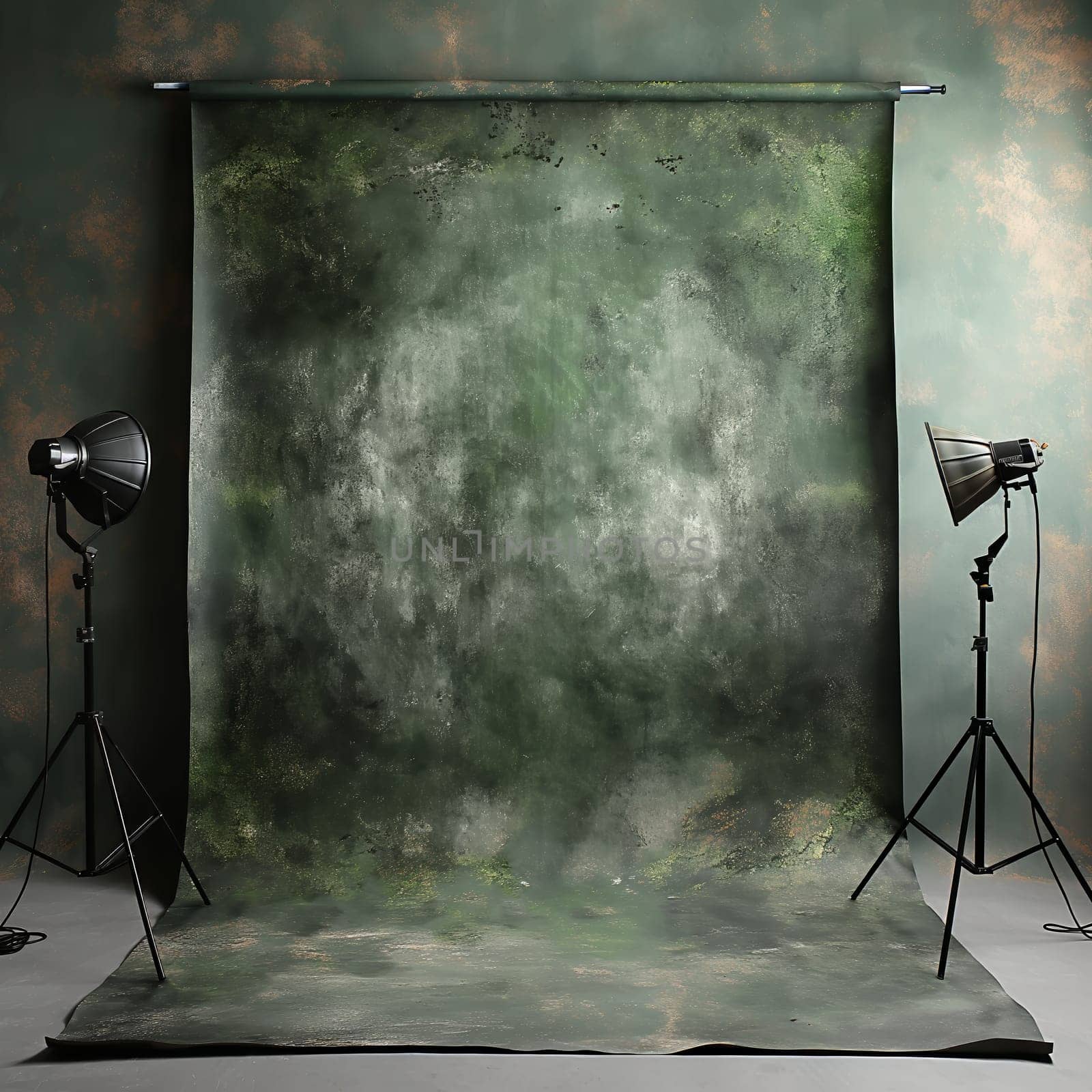 Photo studio with lamps and green background. Selective soft focus.