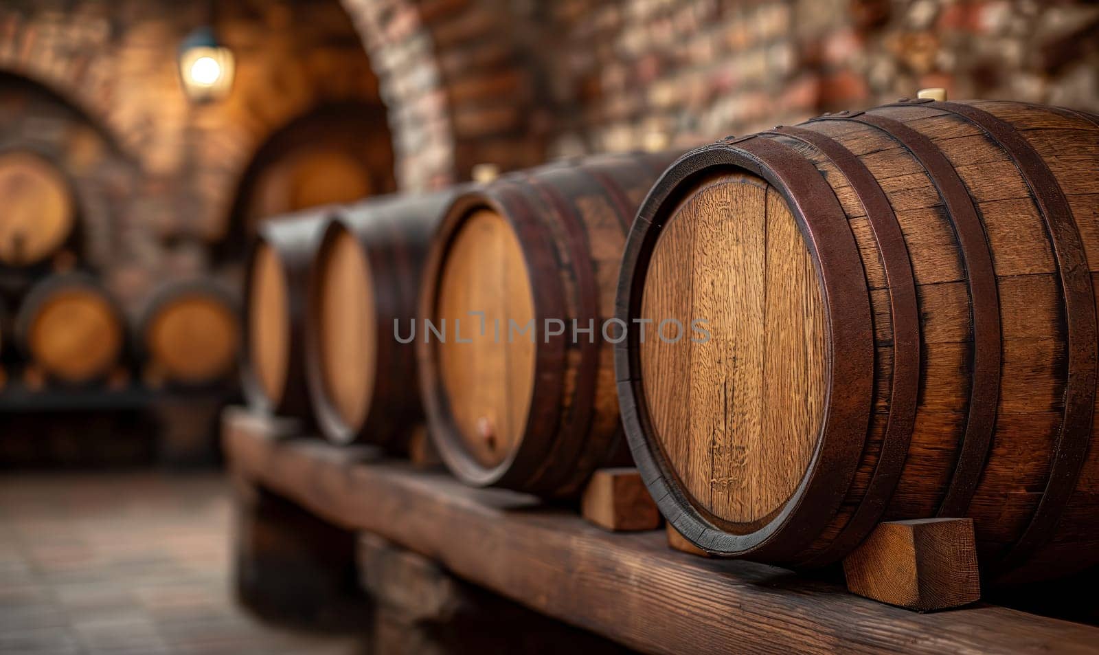 Large barrels in the cellar of the winery. by Fischeron