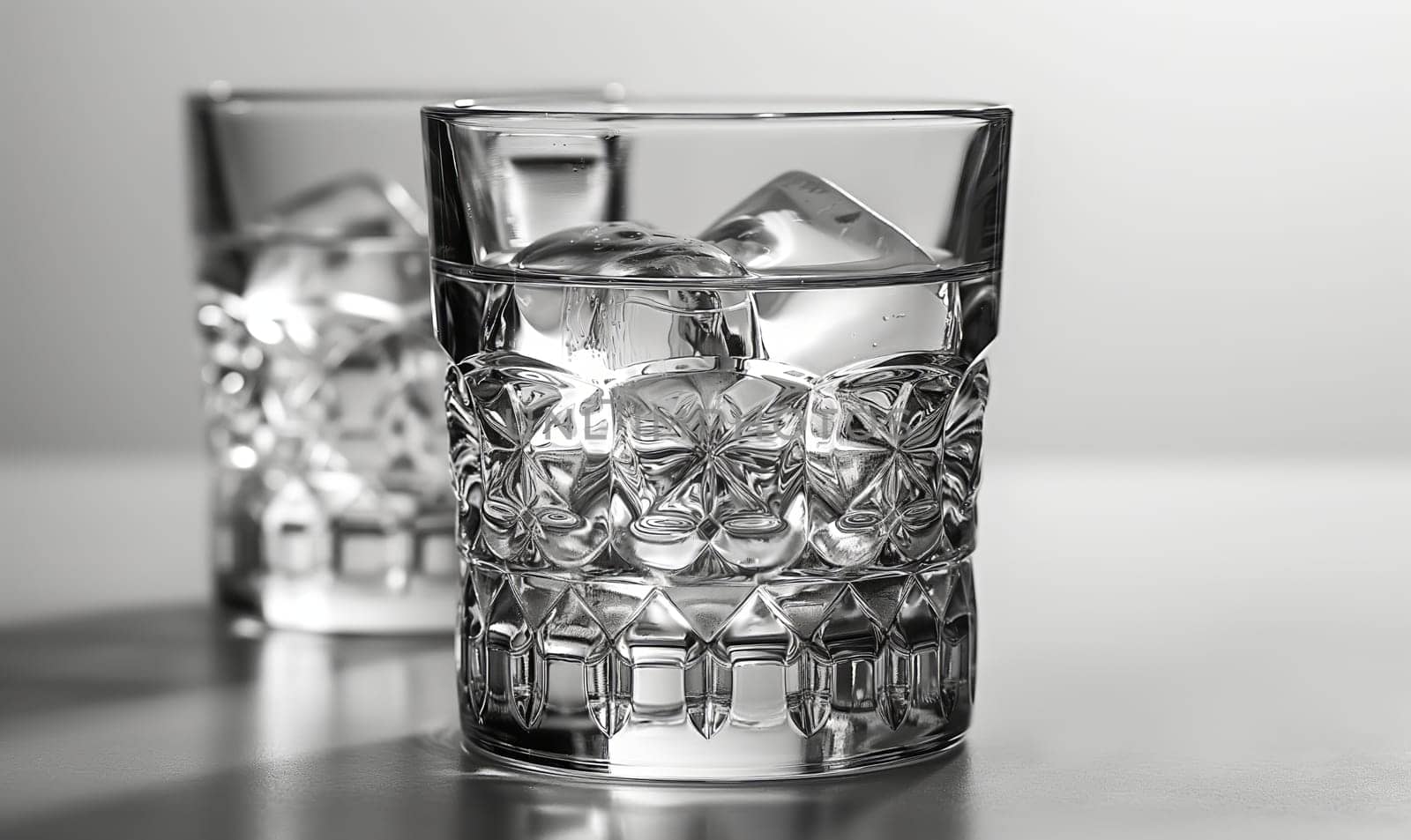 Transparent glass with clear drink and ice cubes. by Fischeron