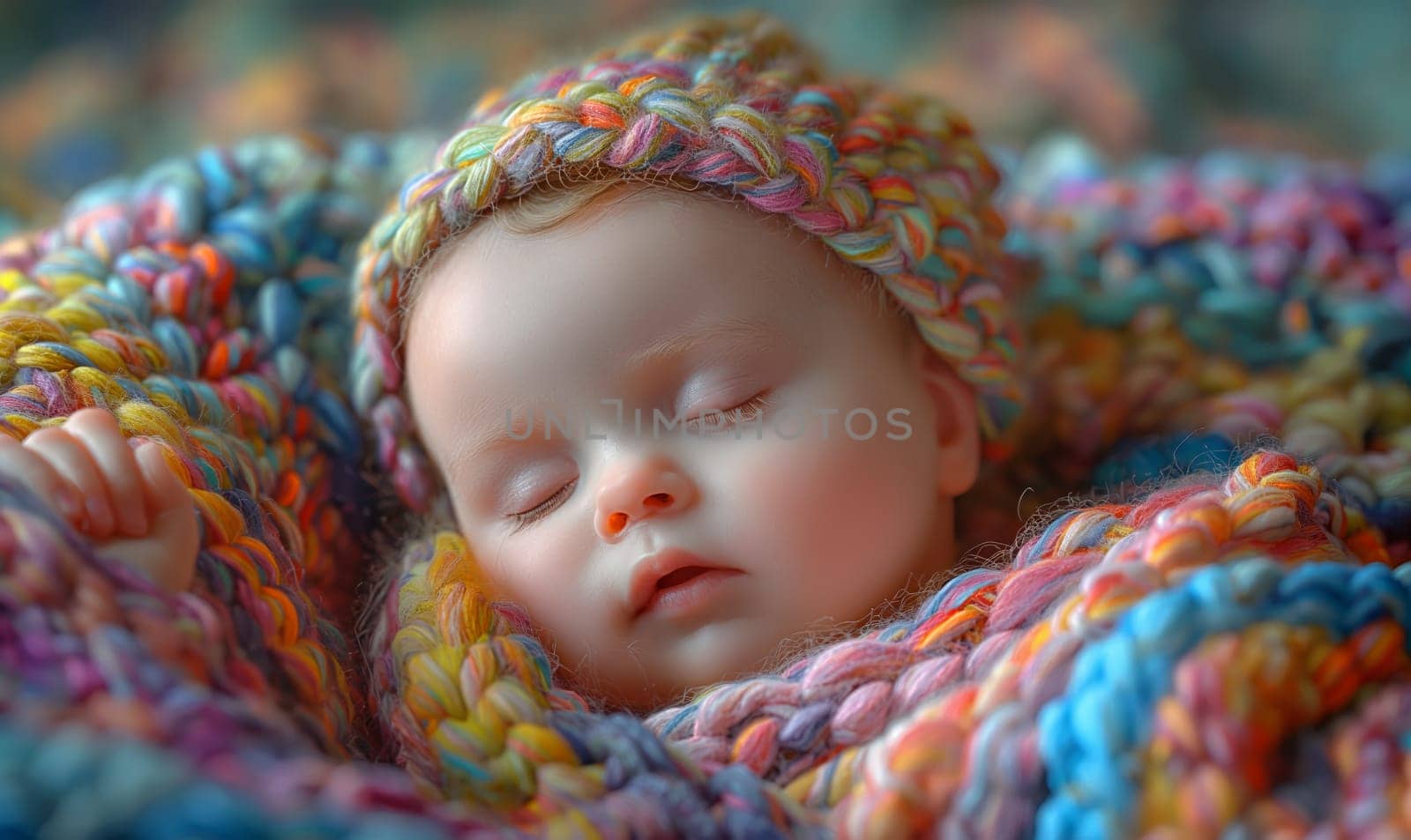 A small child sleeps in a knitted blanket. Selective soft focus.