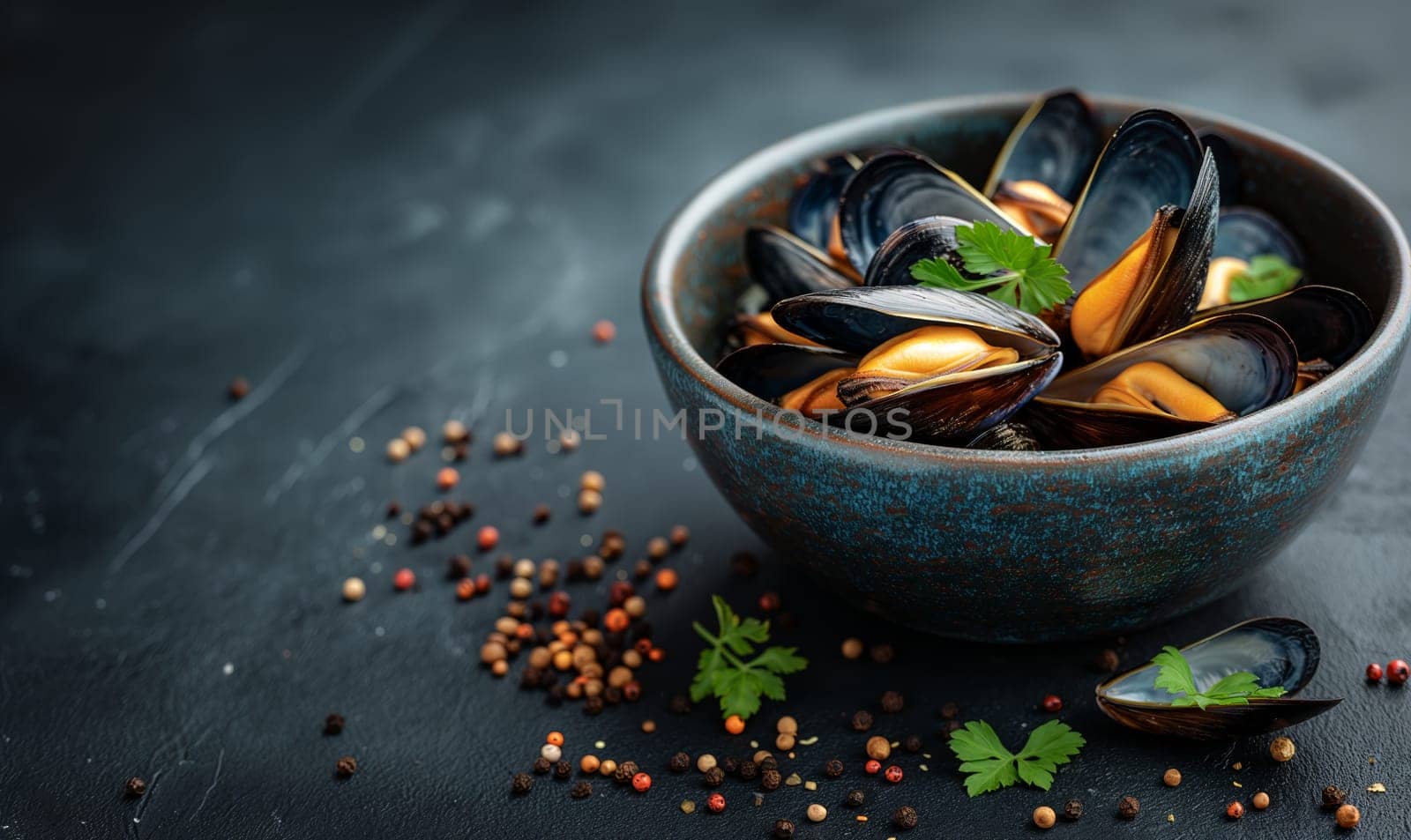 Mussels on a dark background top view. by Fischeron