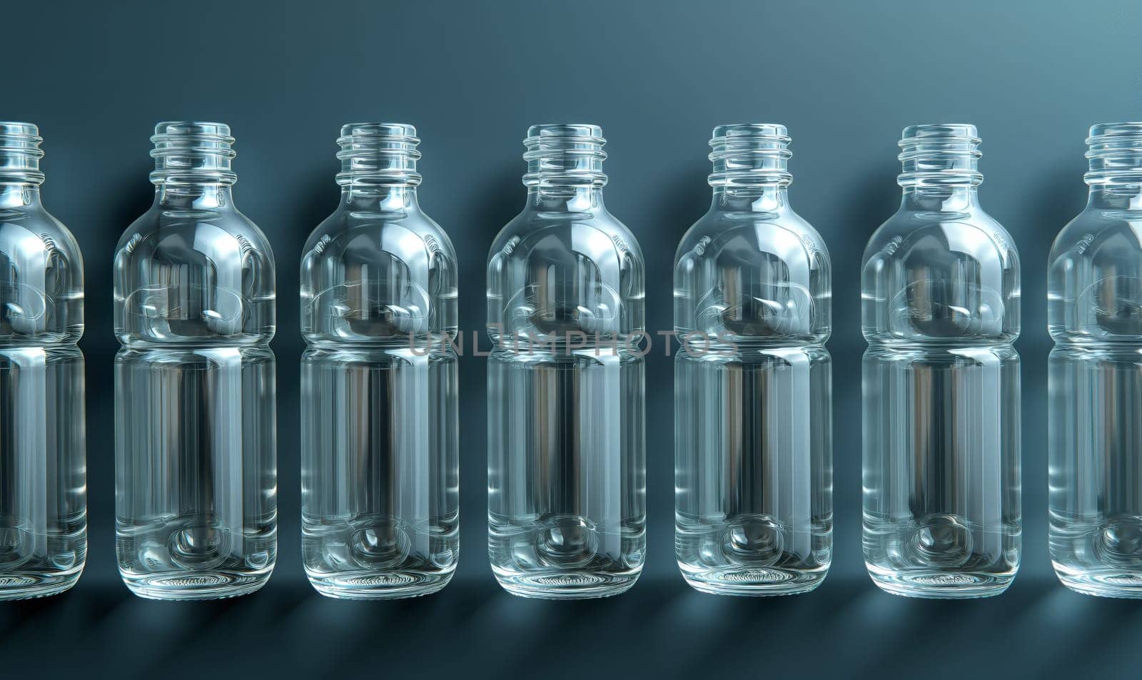 Empty transparent bottles without caps on a blue background. Selective soft focus.