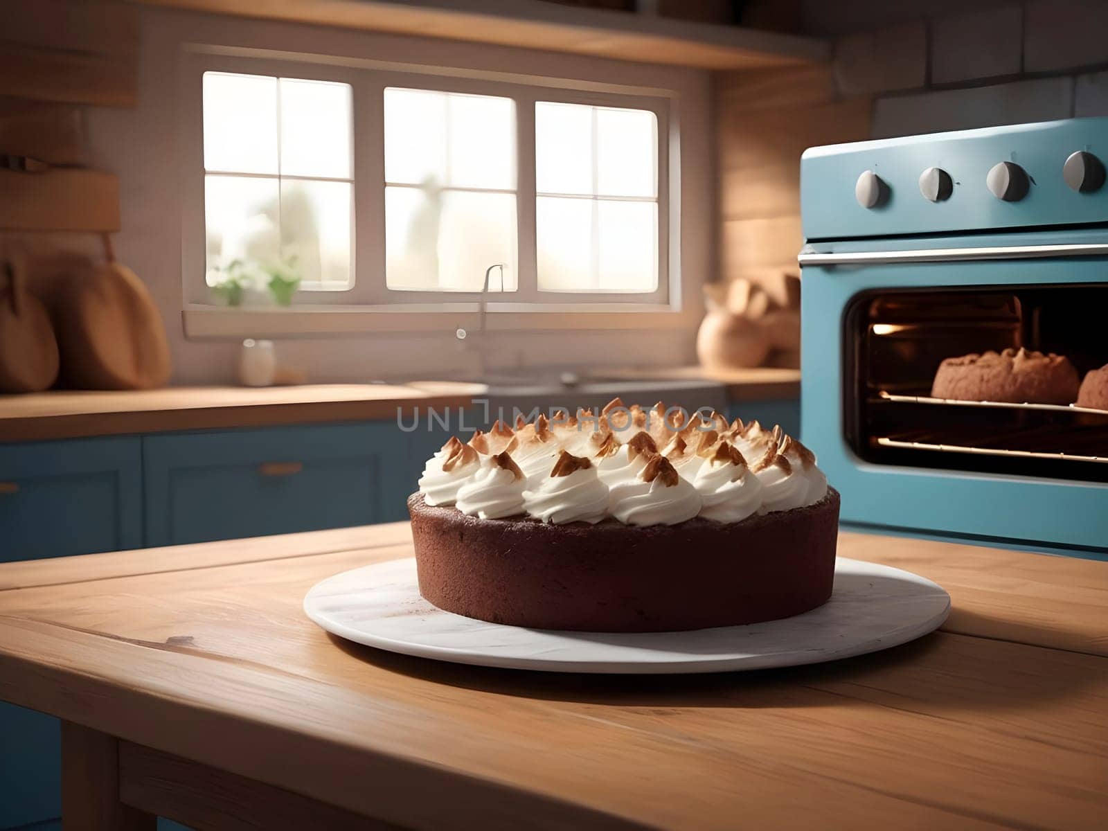 Oven-Fresh Temptation. Cake Cooling on a Wooden Surface, Oven in the Background.