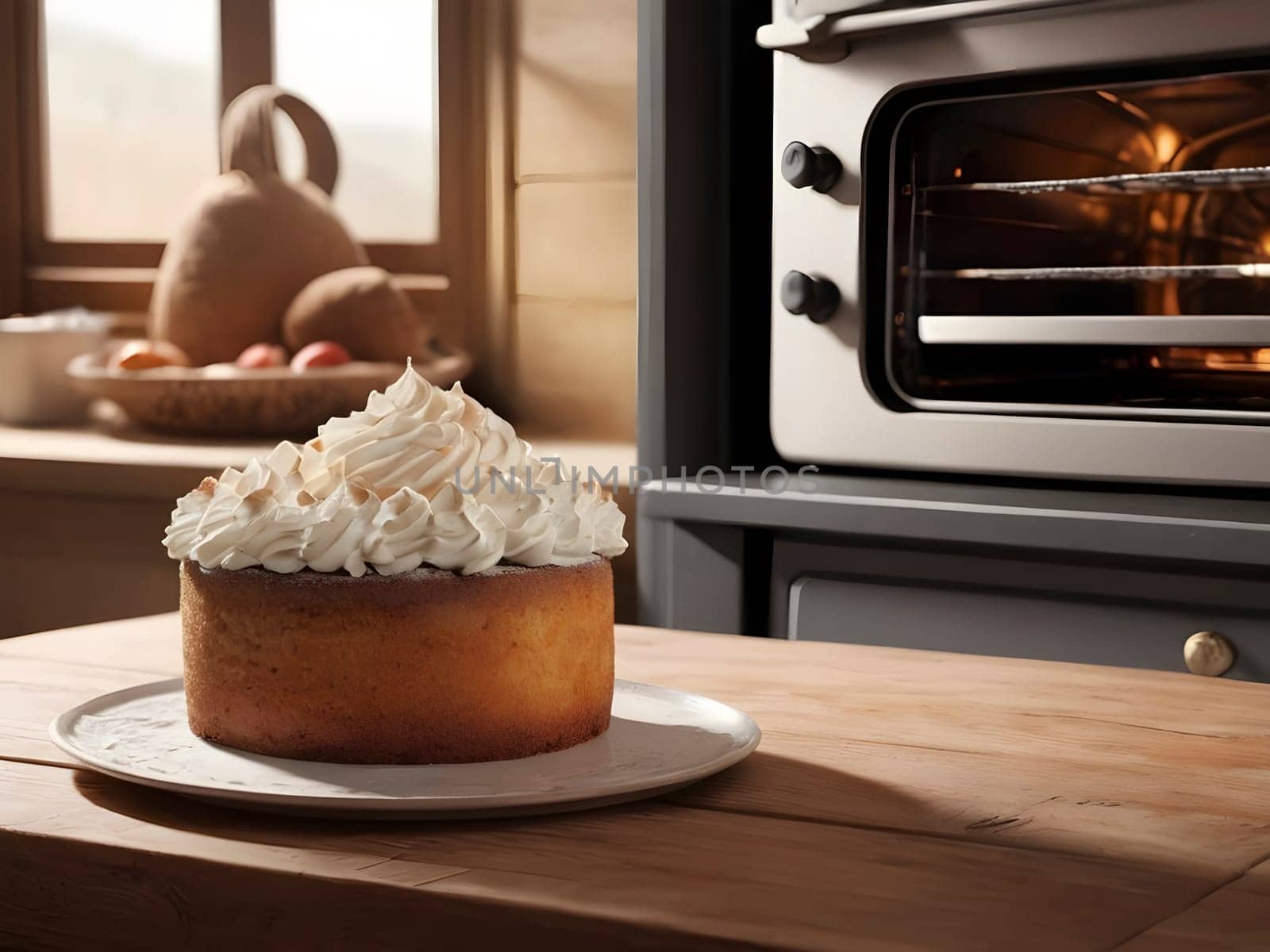 Homemade Delight. Freshly Baked Cake on a Rustic Wooden Table with Oven Backdrop.