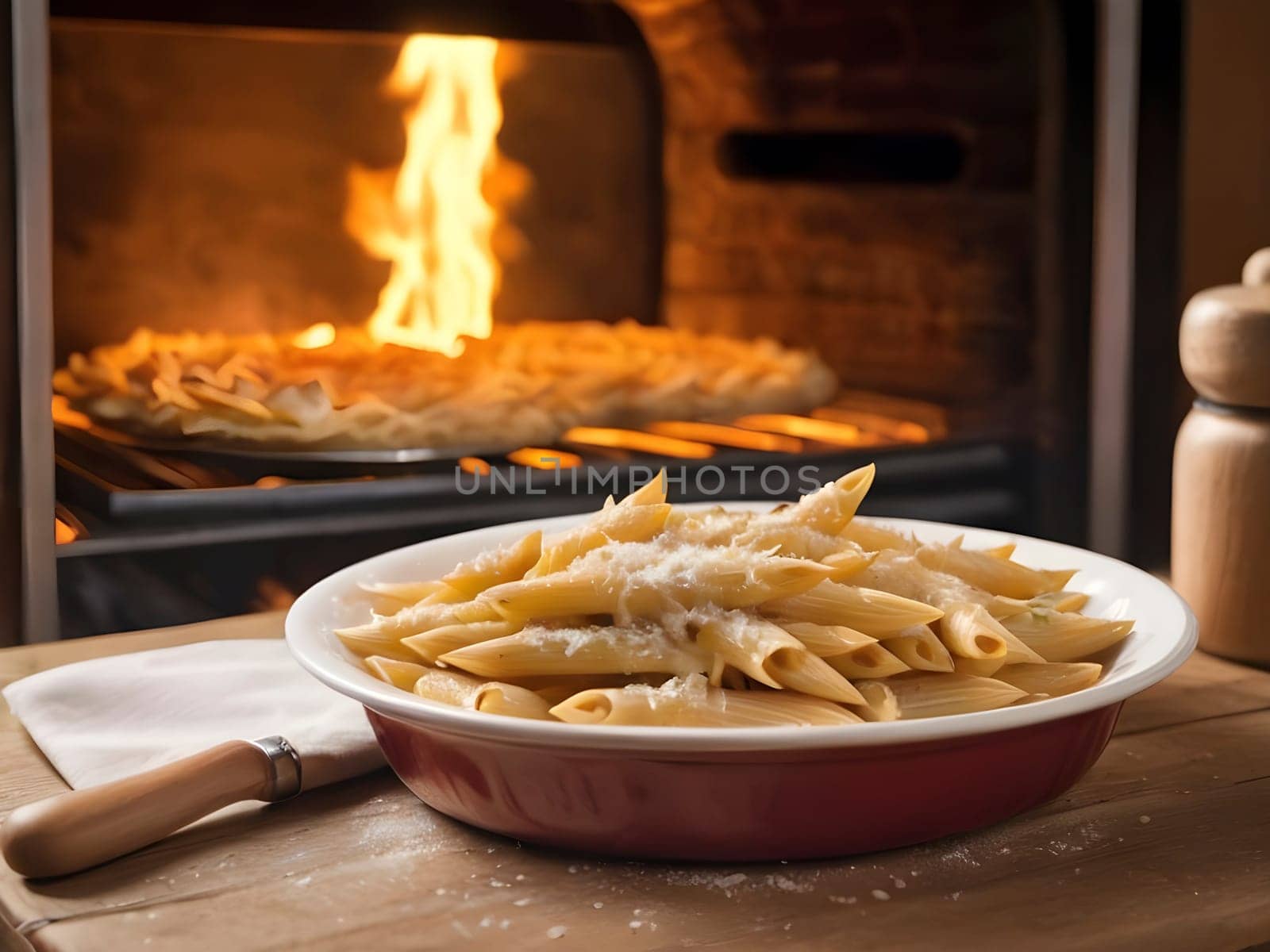 Homemade Goodness. Penne Perfection on a Wooden Table with Oven Ambiance.