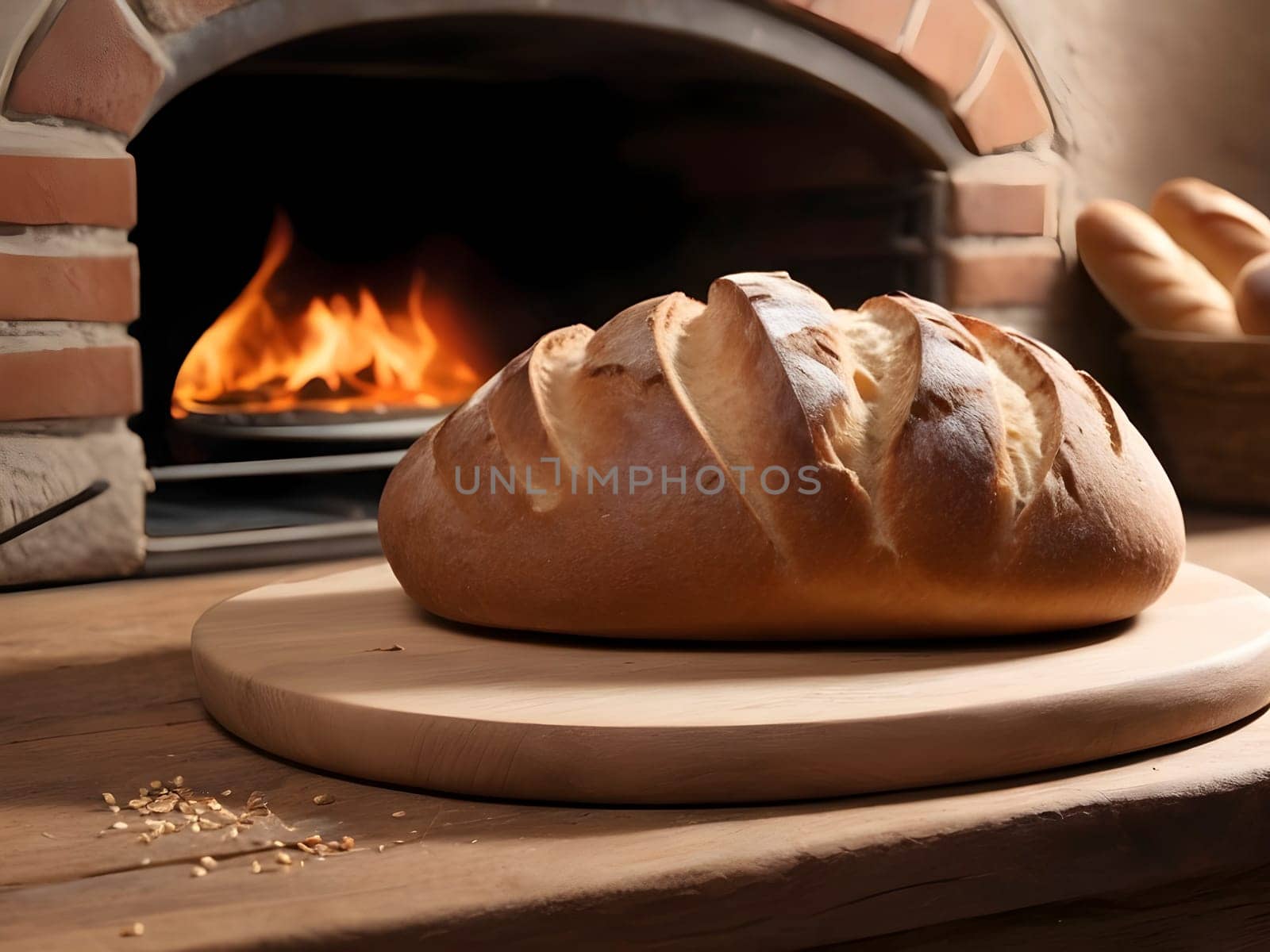 Homemade Warmth. Freshly Baked Bread Gracing a Wooden Table with Oven Backdrop.