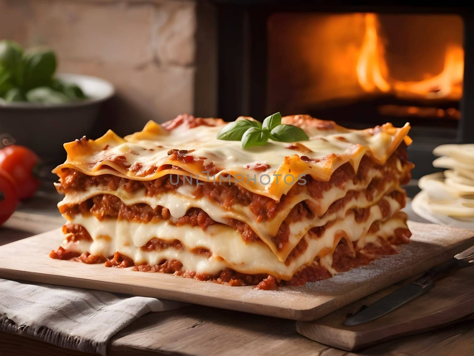 Freshly baked lasagna placed on a wooden table with the oven in the background.