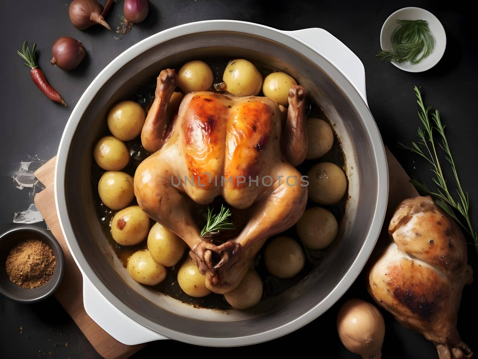 Gastronomic Delight. A Freshly Prepared Meal of Roasted Chicken and Potatoes in a Cozy Setting.