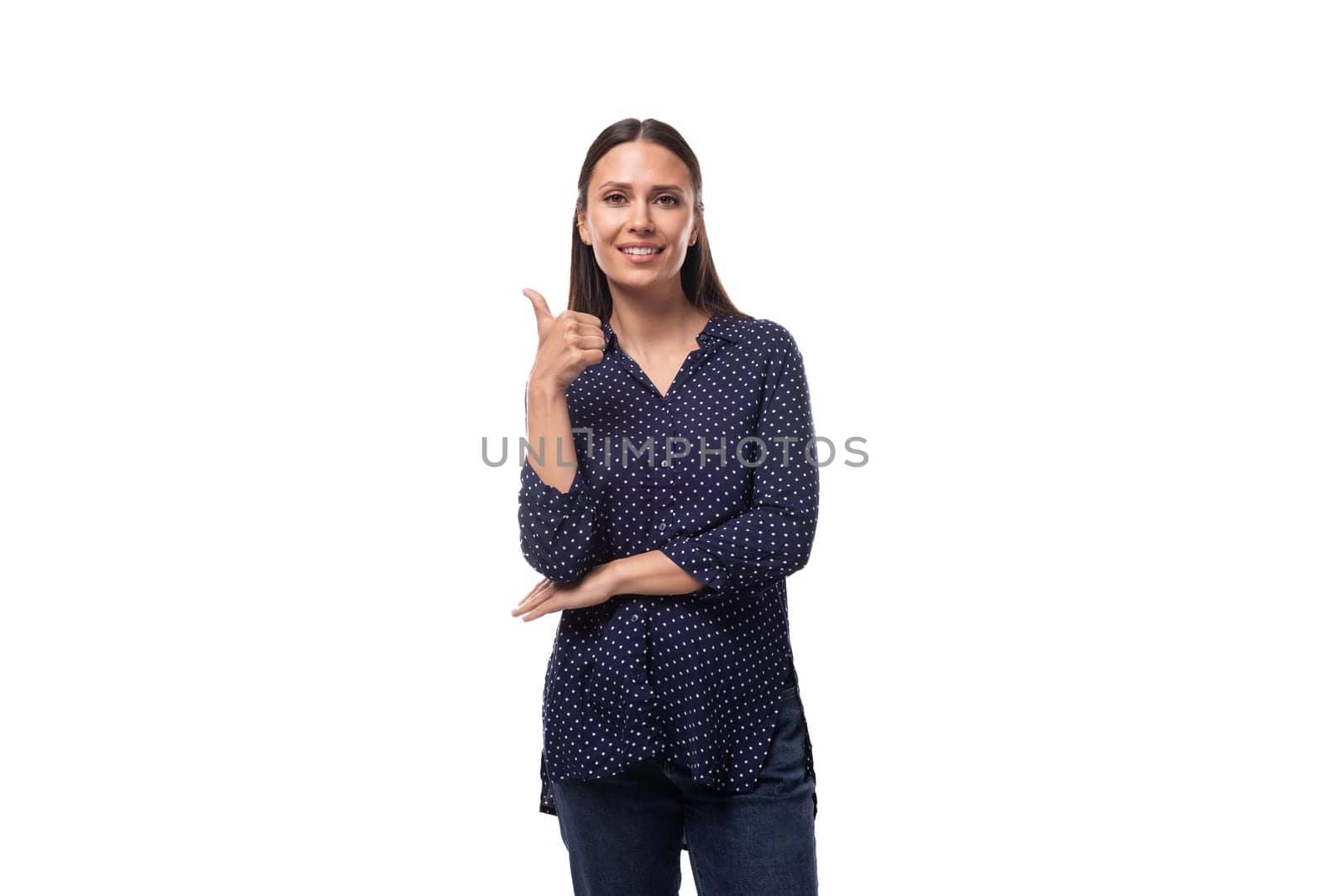 young cheerful cute caucasian brunette lady is dressed in dark blue blouse by TRMK