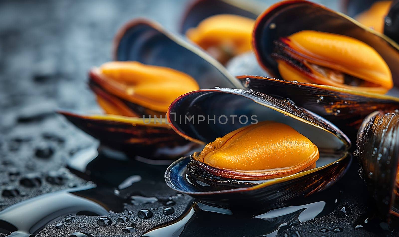 Mussels on a dark background top view. Selective soft focus.