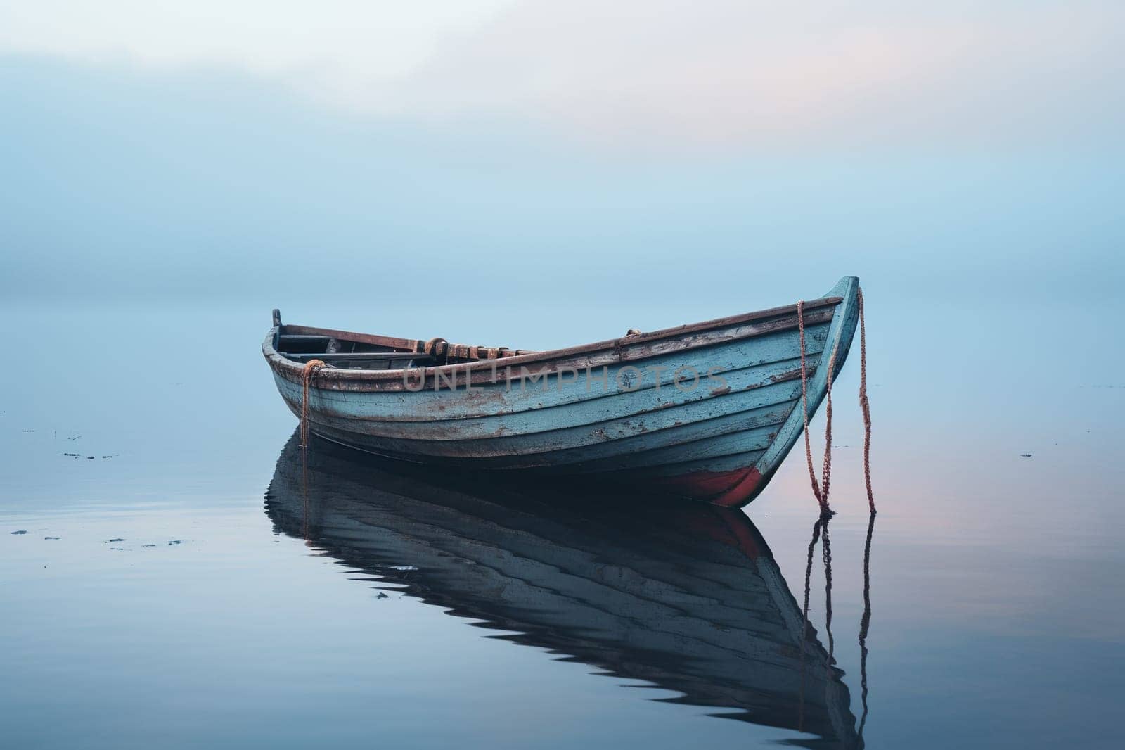 Wooden old boat on the water in thick fog.