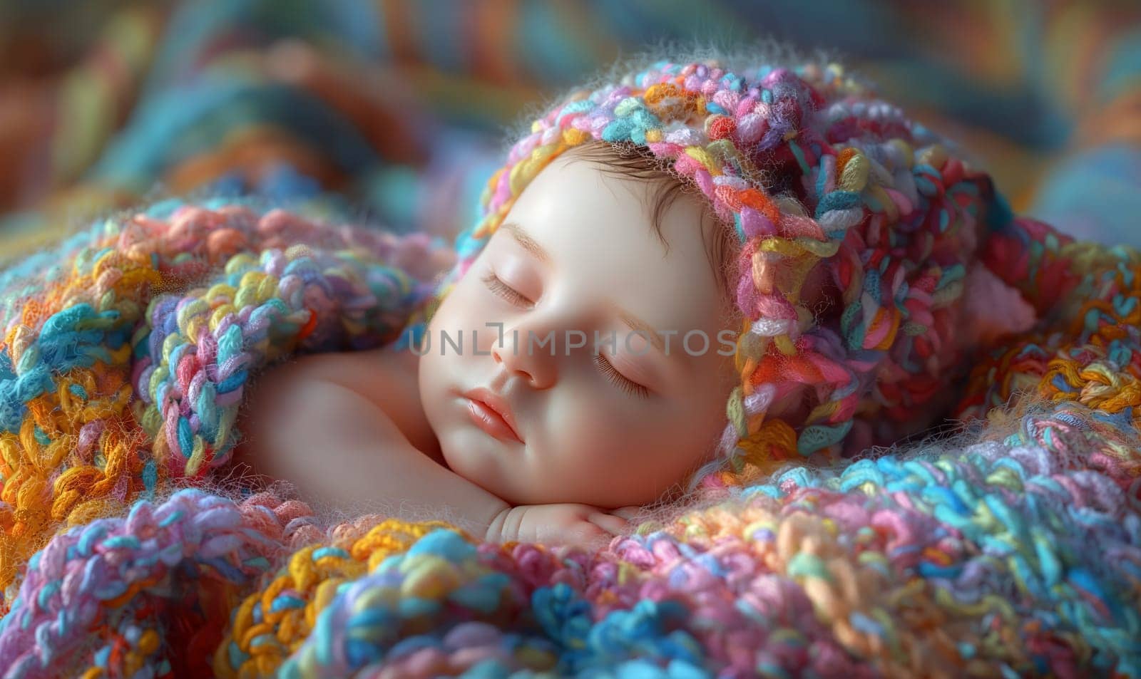 A small child sleeps in a knitted blanket. by Fischeron