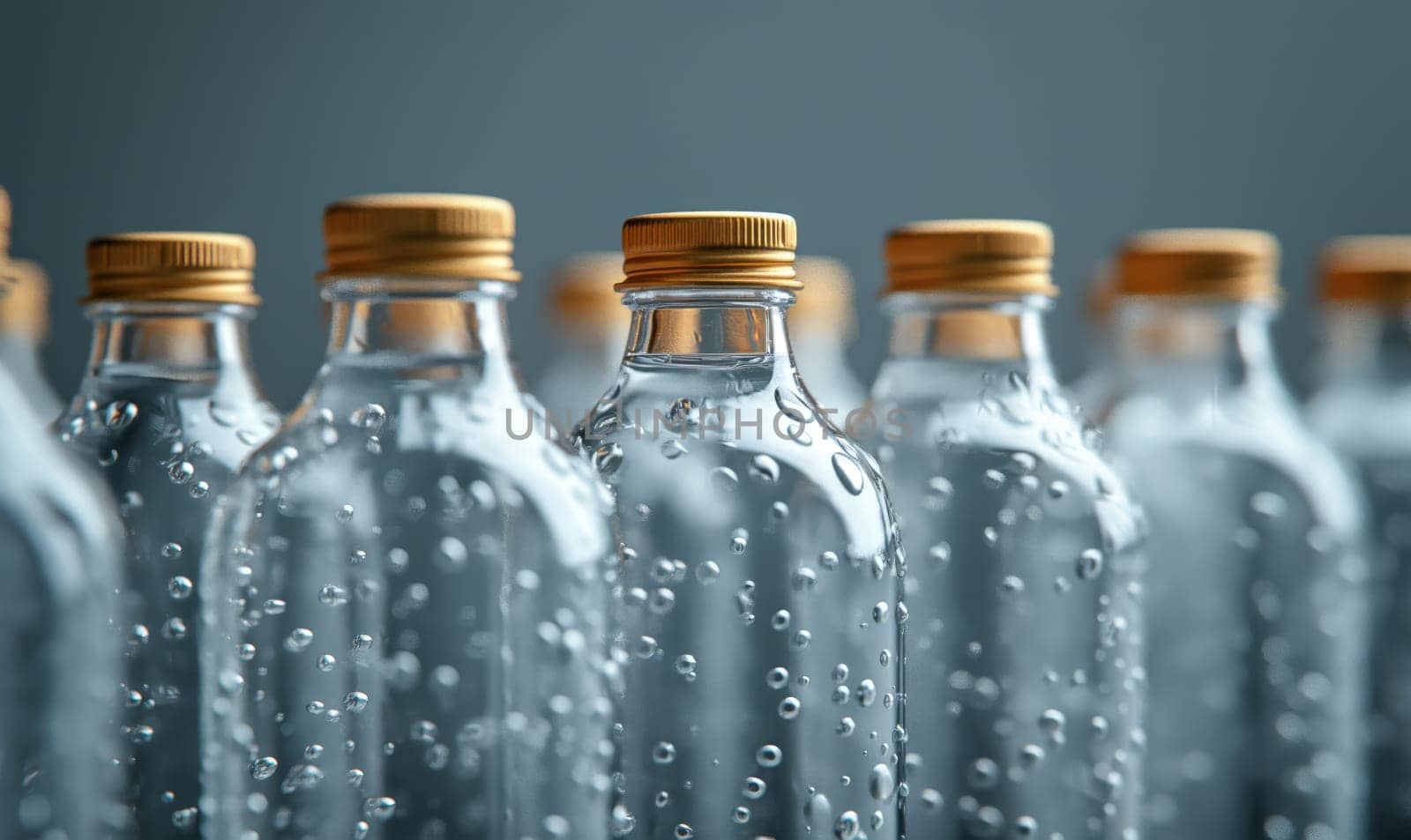 Empty transparent bottles with caps on a blue background. Selective soft focus.