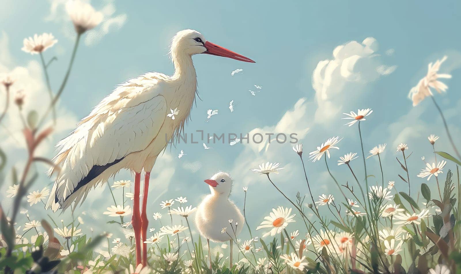 Illustration of a stork on a natural background. Selective soft focus.