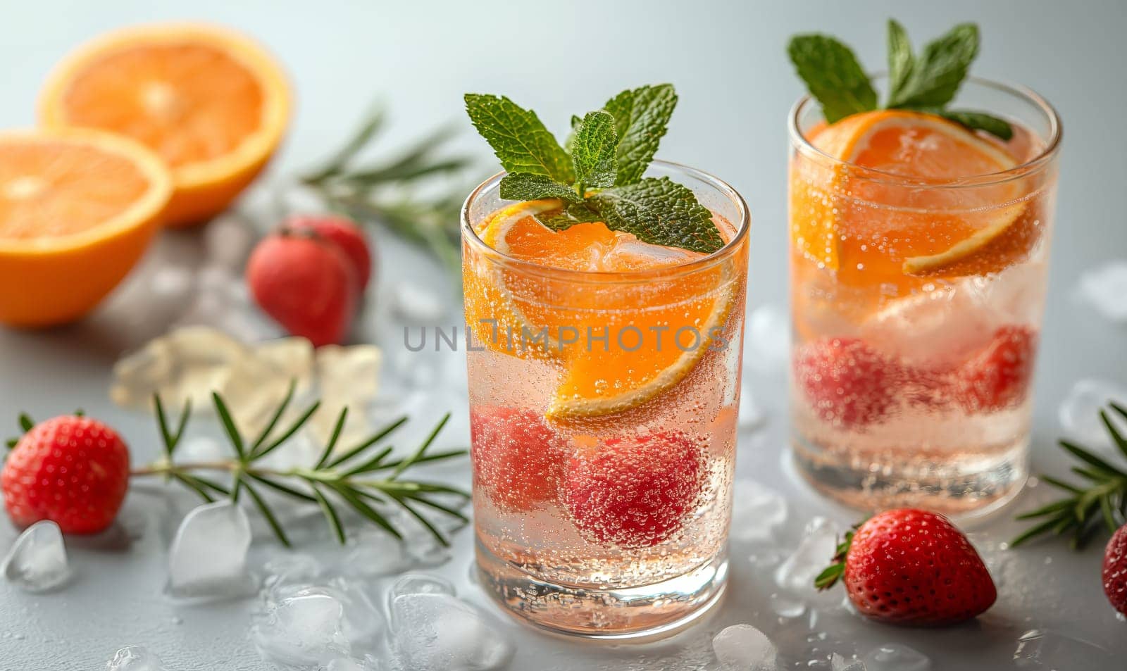 Drink with a slice of orange in a transparent glass. Selective soft focus.