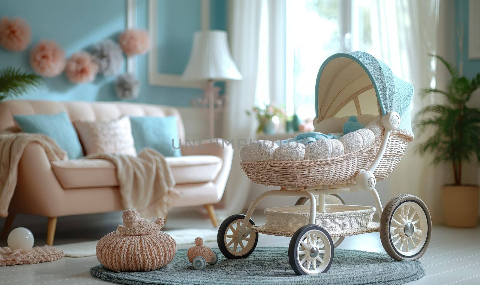 Baby stroller in the home interior. Selective soft focus.