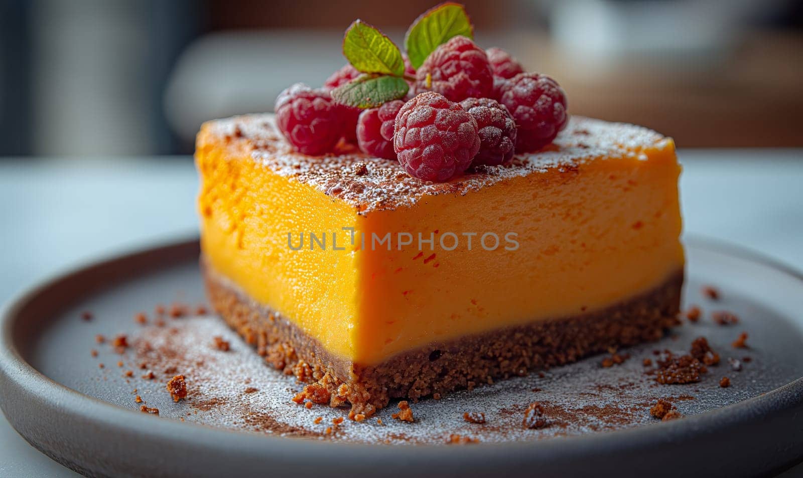 Traditional pumpkin cheesecake on a blurred background. Selective soft focus.