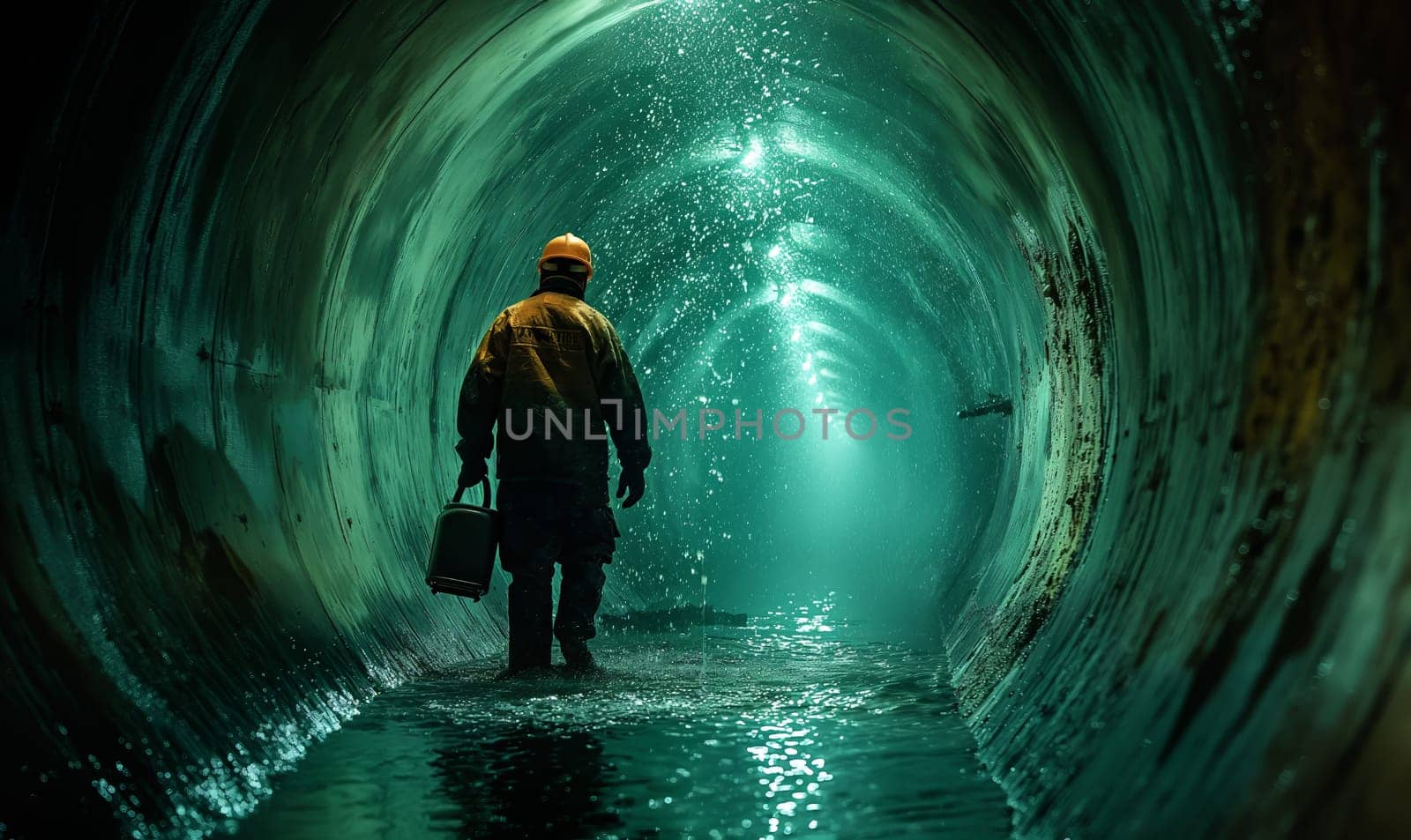 A worker walks in a round tunnel through water. by Fischeron